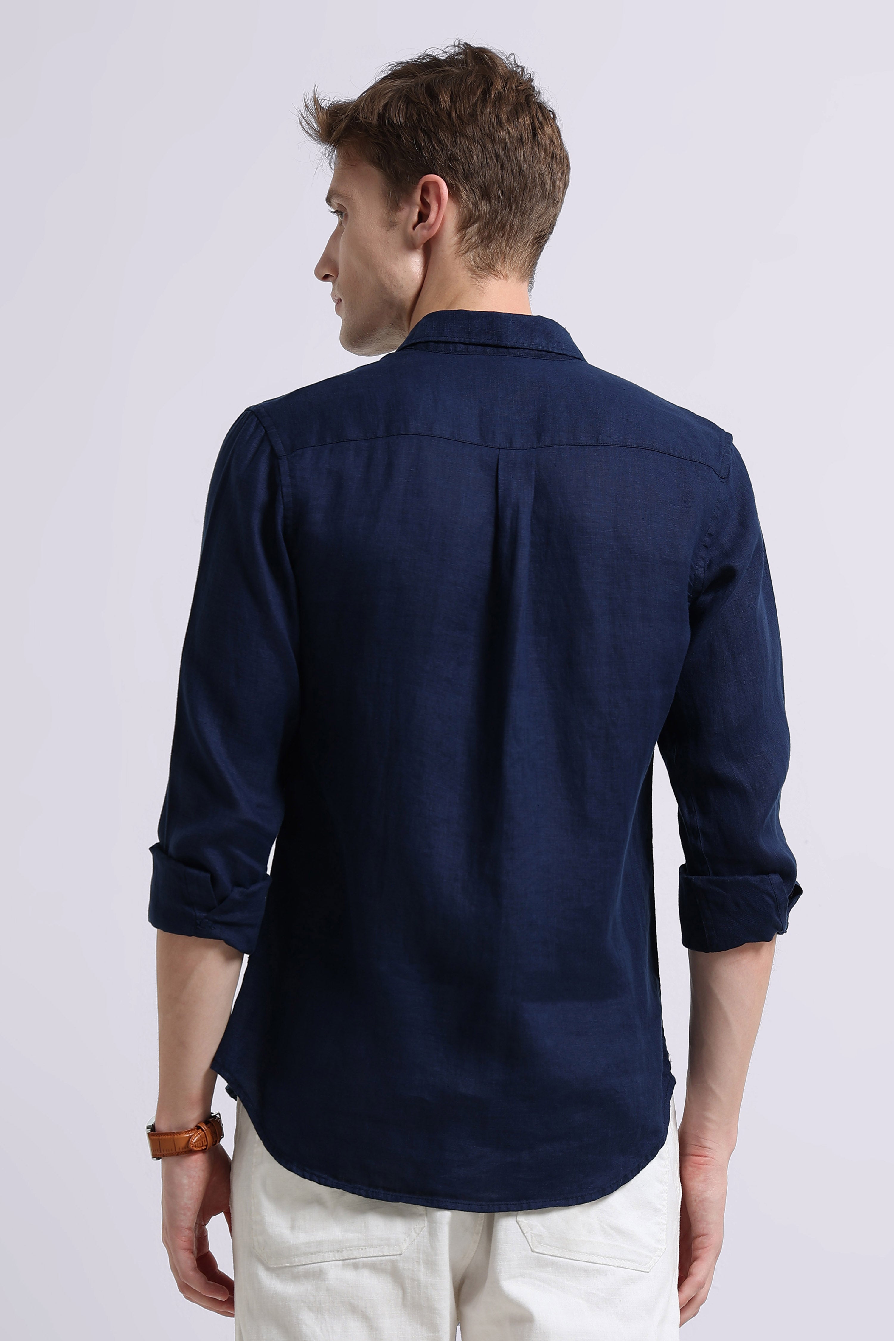Men Navy Classic Linen Shirt