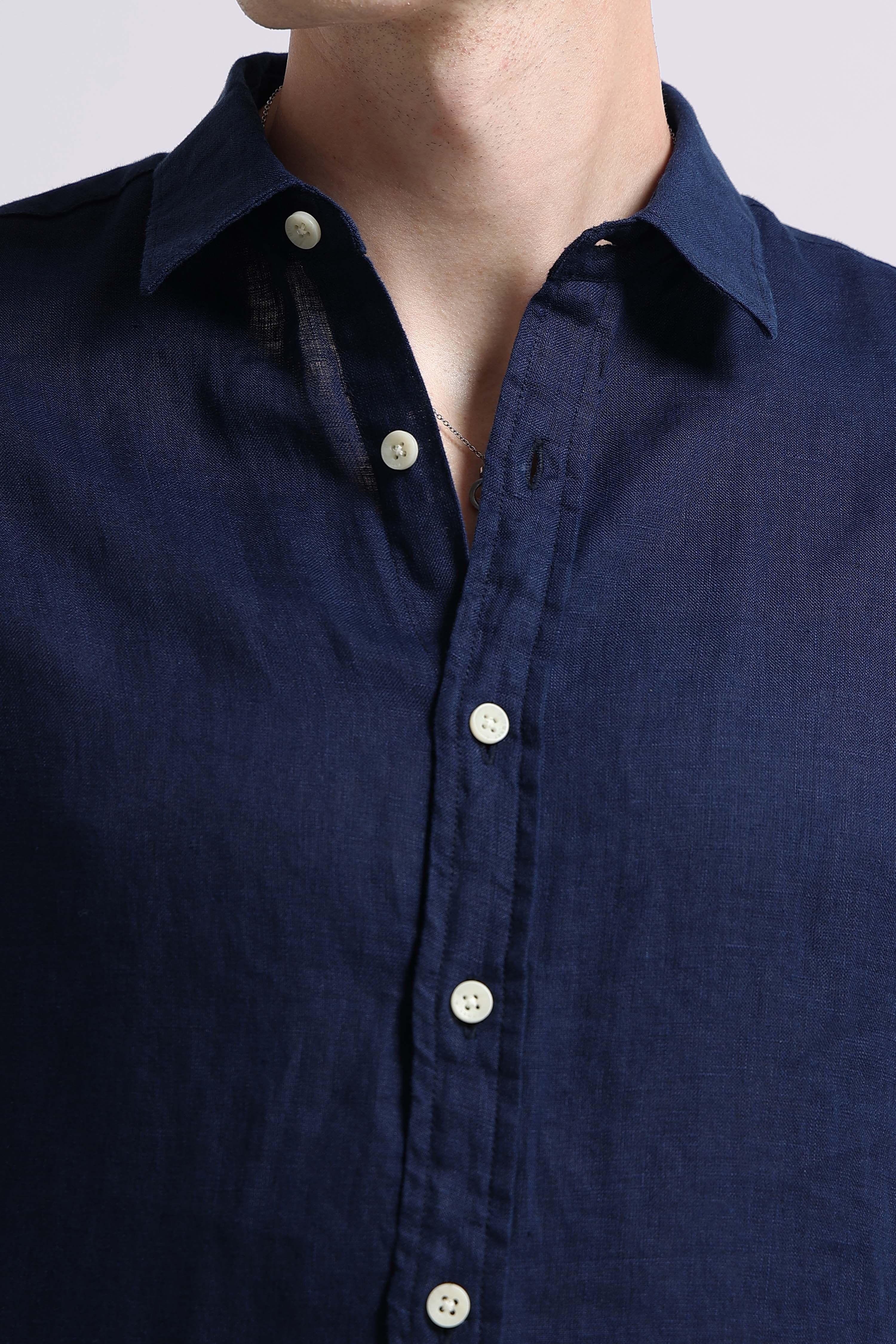 Men Navy Classic Linen Shirt