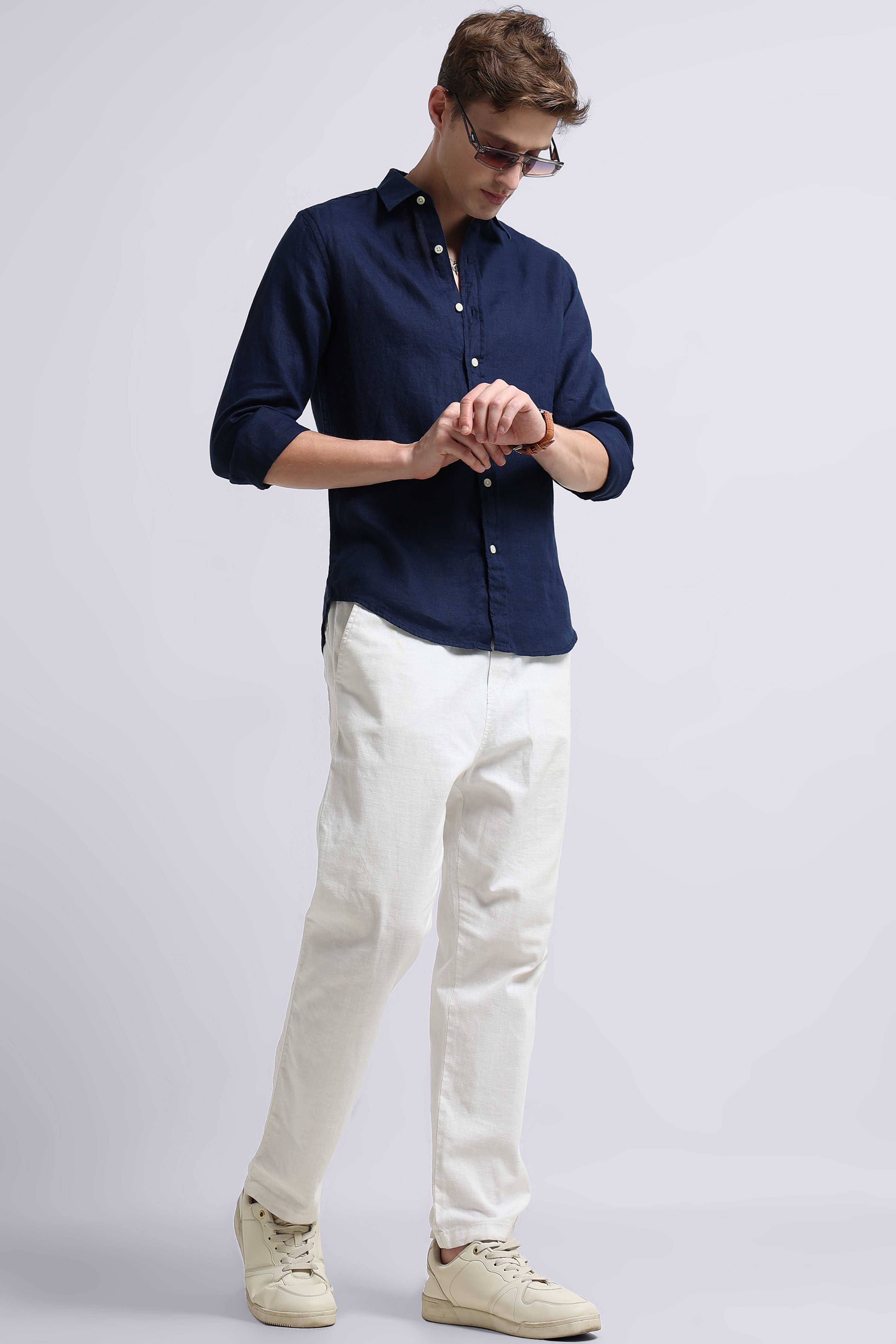 Men Navy Classic Linen Shirt