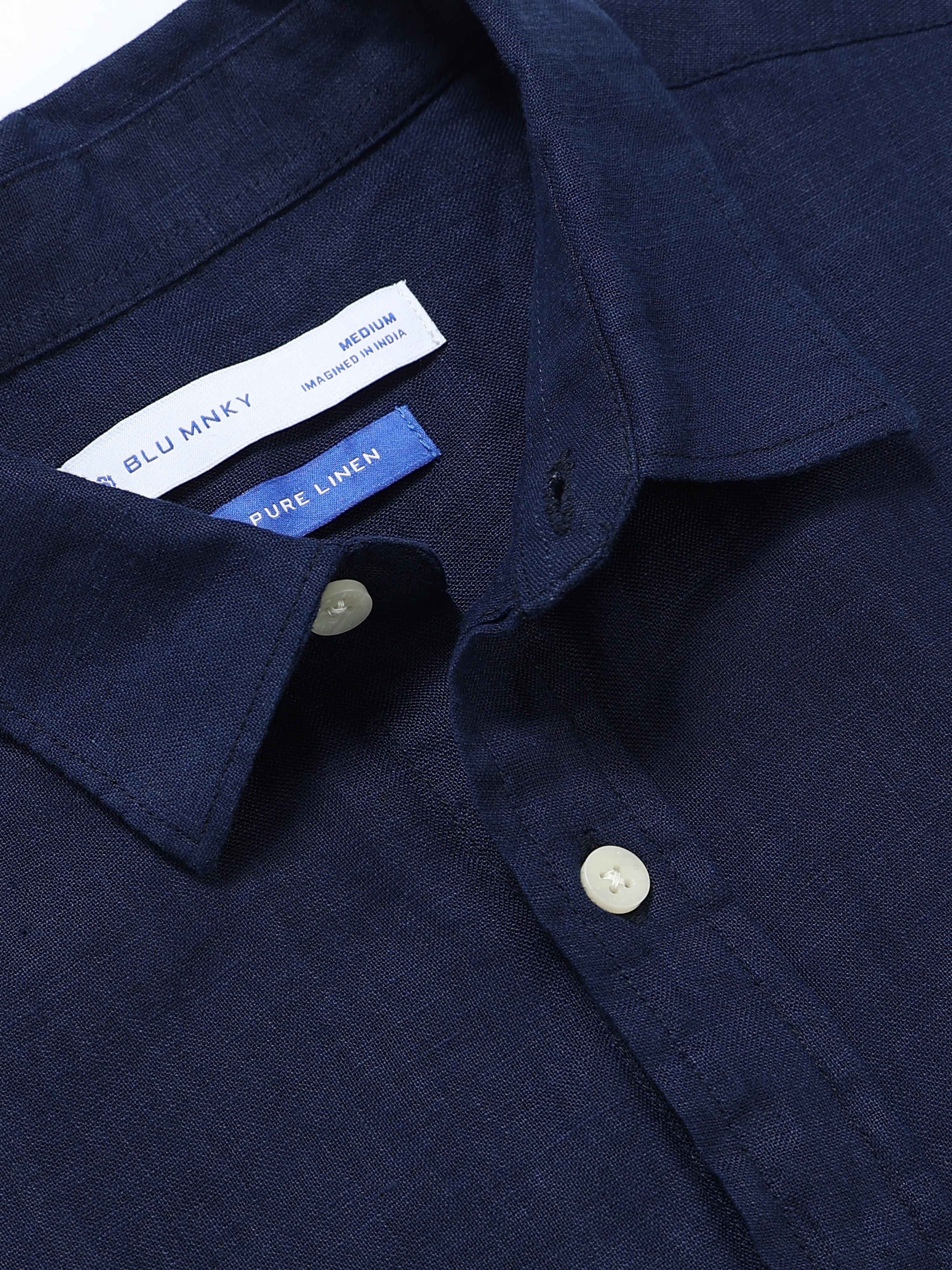 Men Navy Classic Linen Shirt