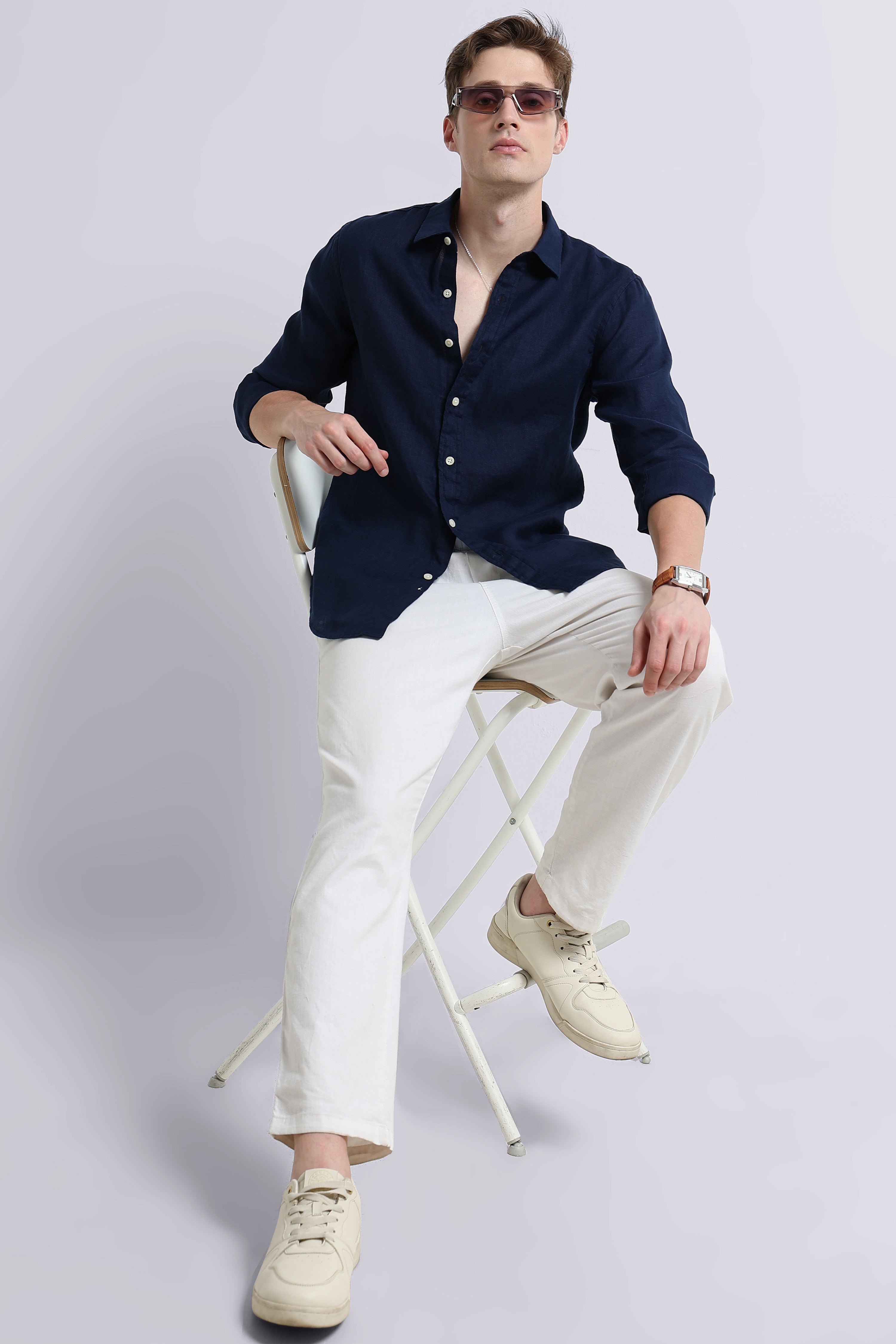 Men Navy Classic Linen Shirt
