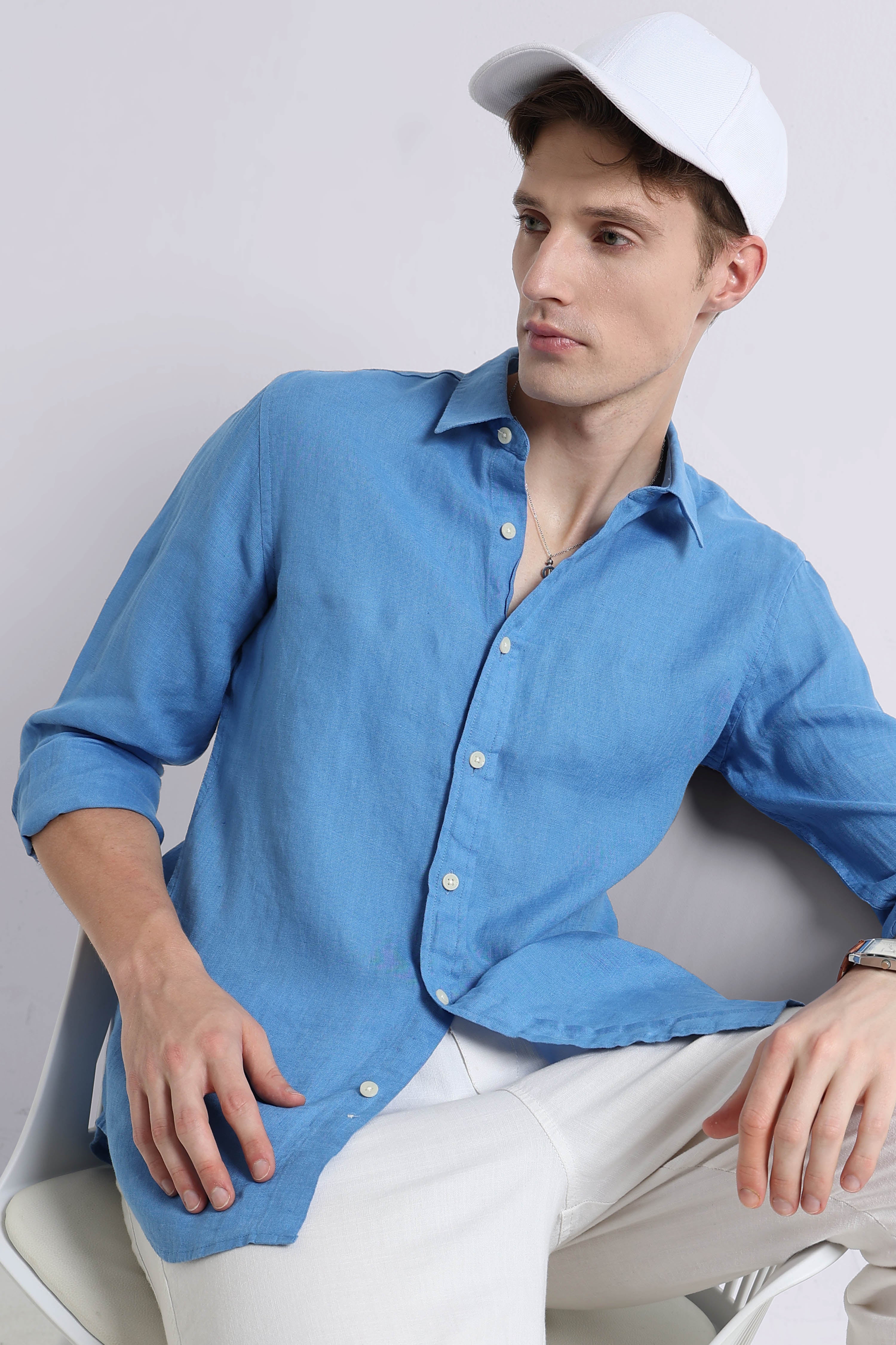 Men Blue Classic Linen Shirt