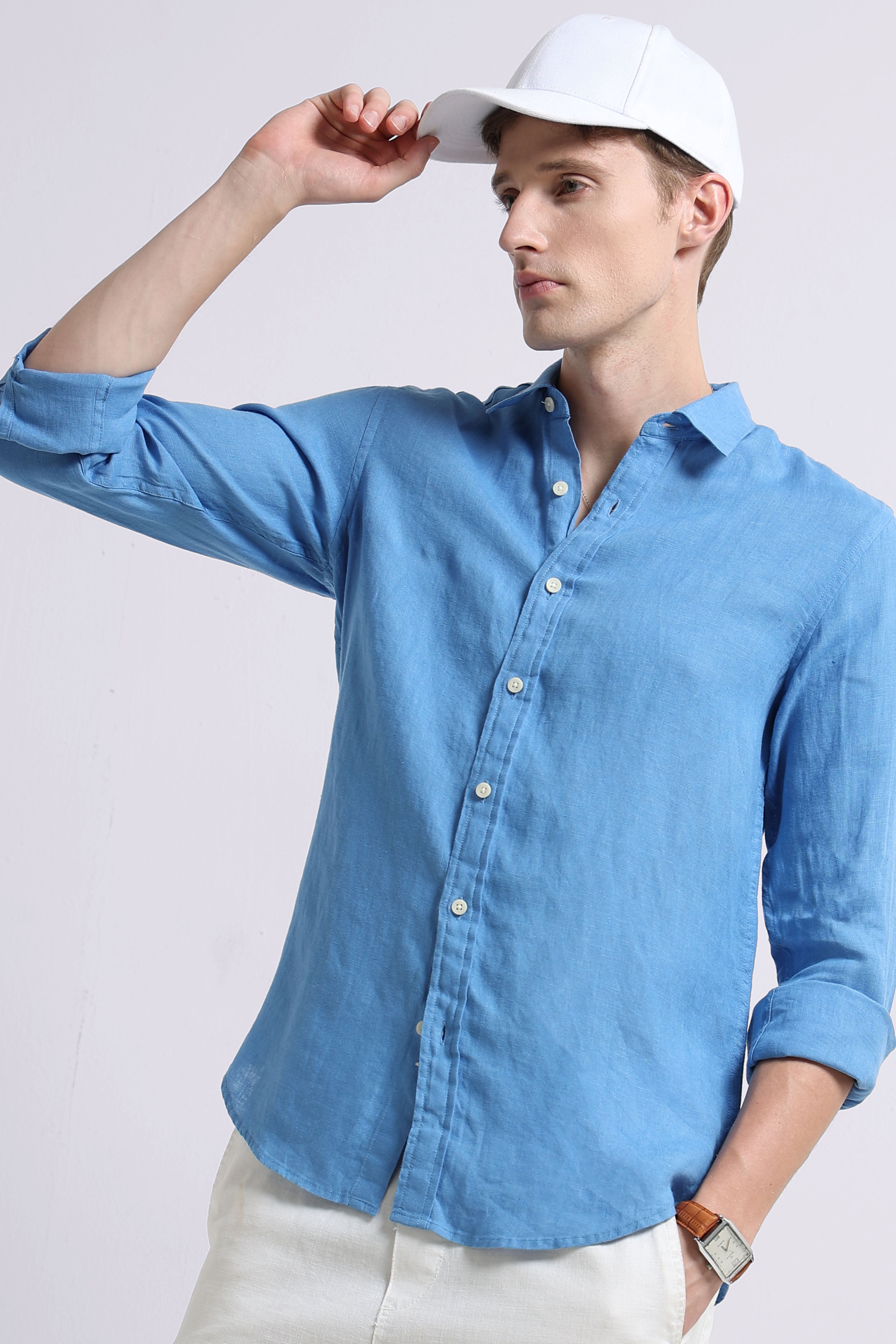 Men Blue Classic Linen Shirt