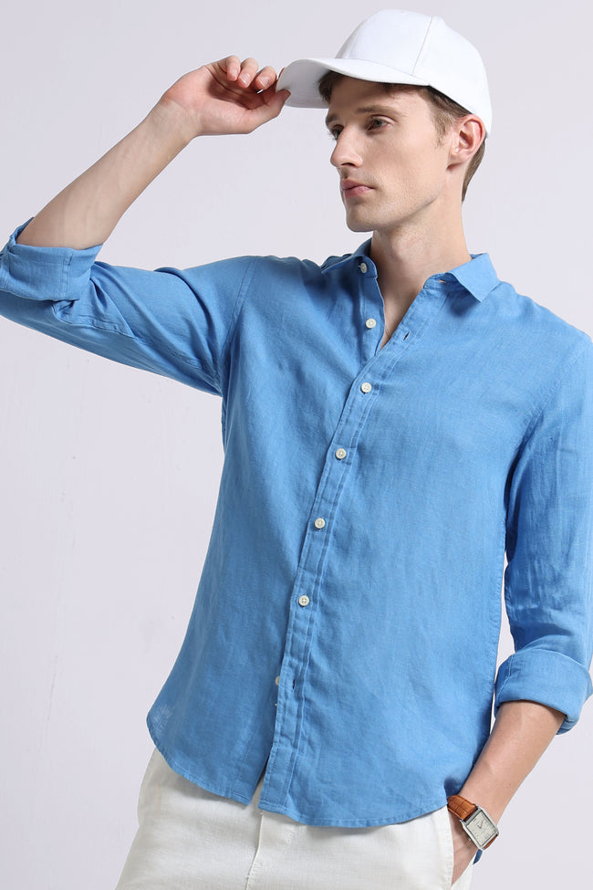Men Blue Classic Linen Shirt