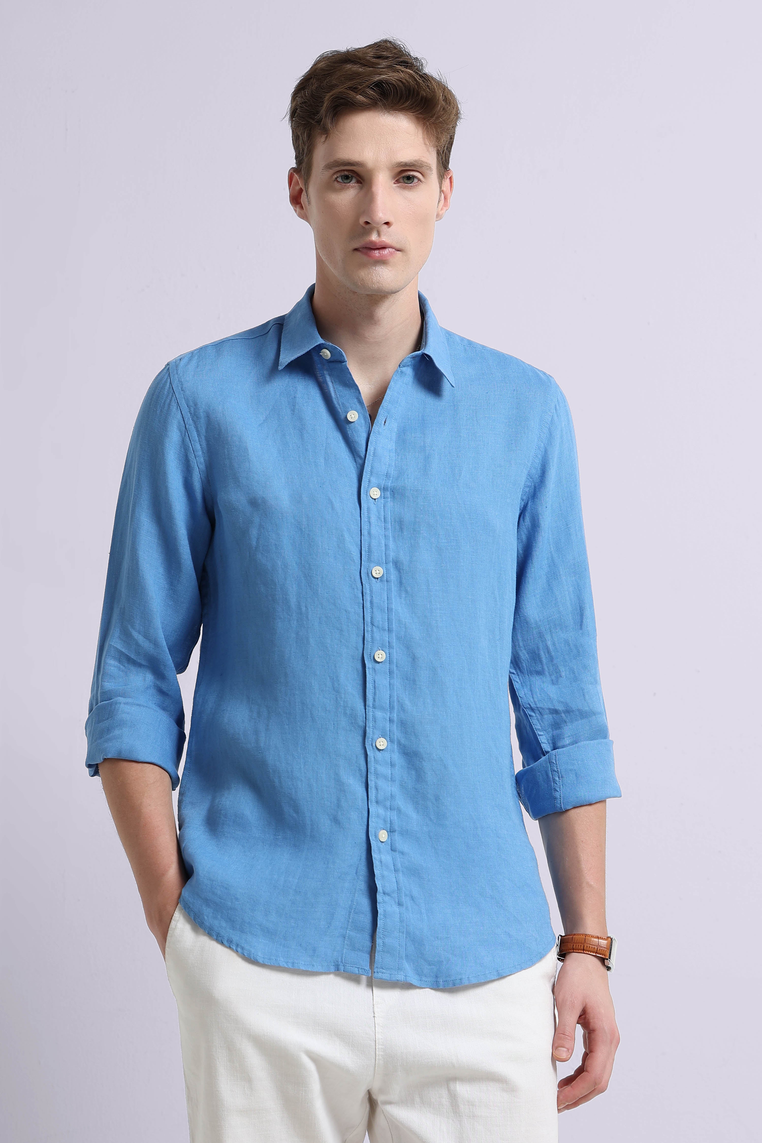 Men Blue Classic Linen Shirt