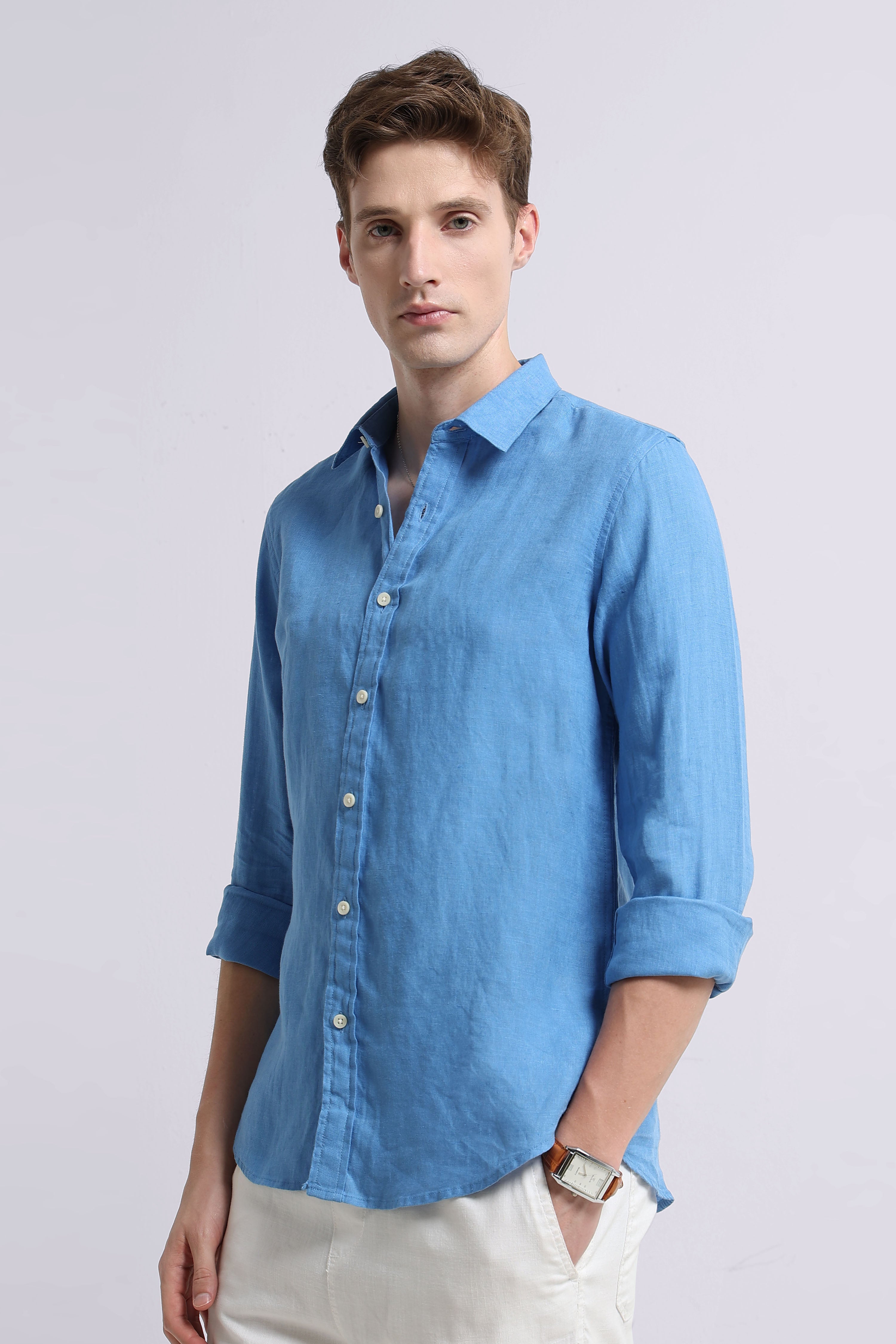 Men Blue Classic Linen Shirt