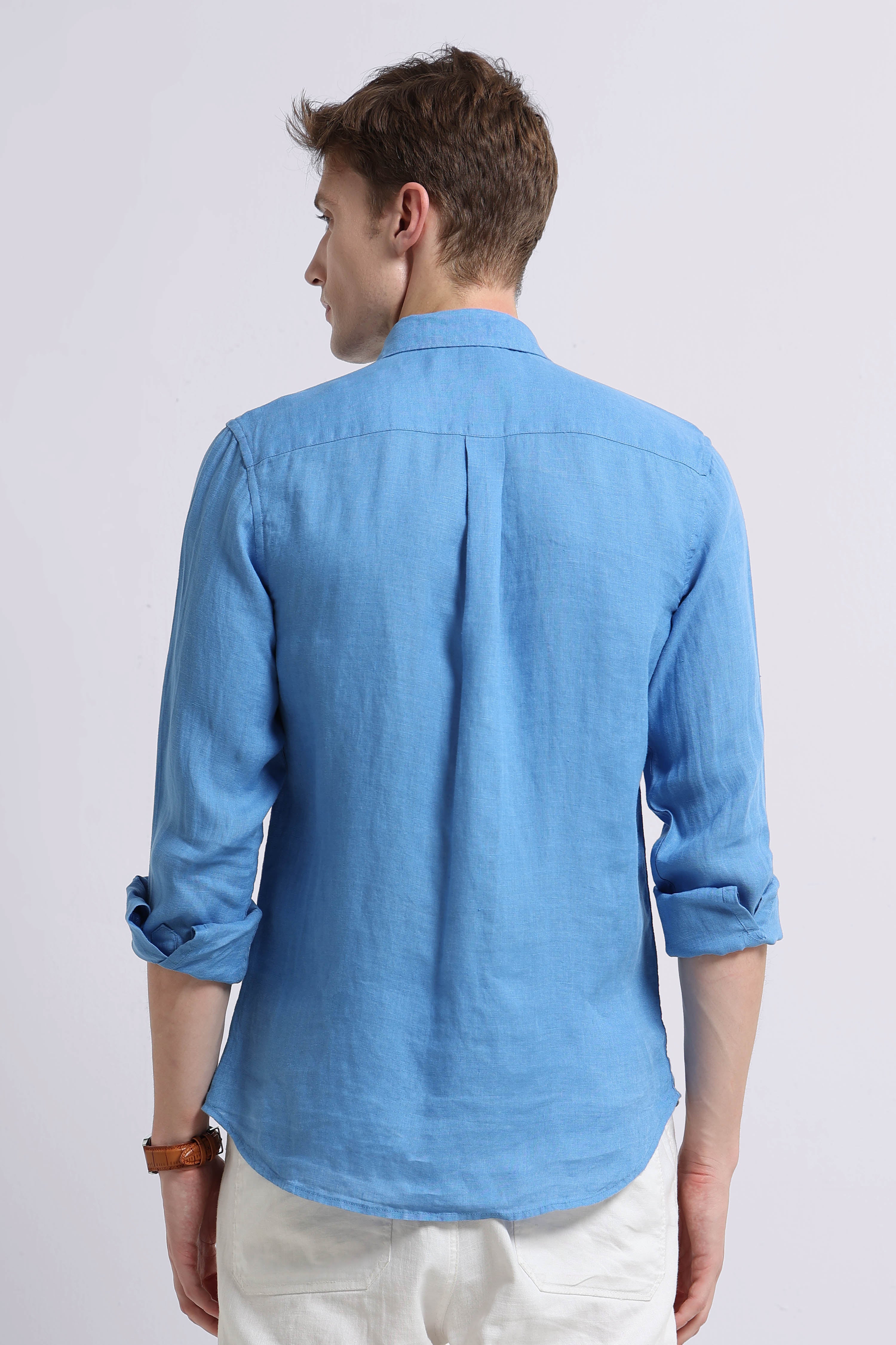 Men Blue Classic Linen Shirt