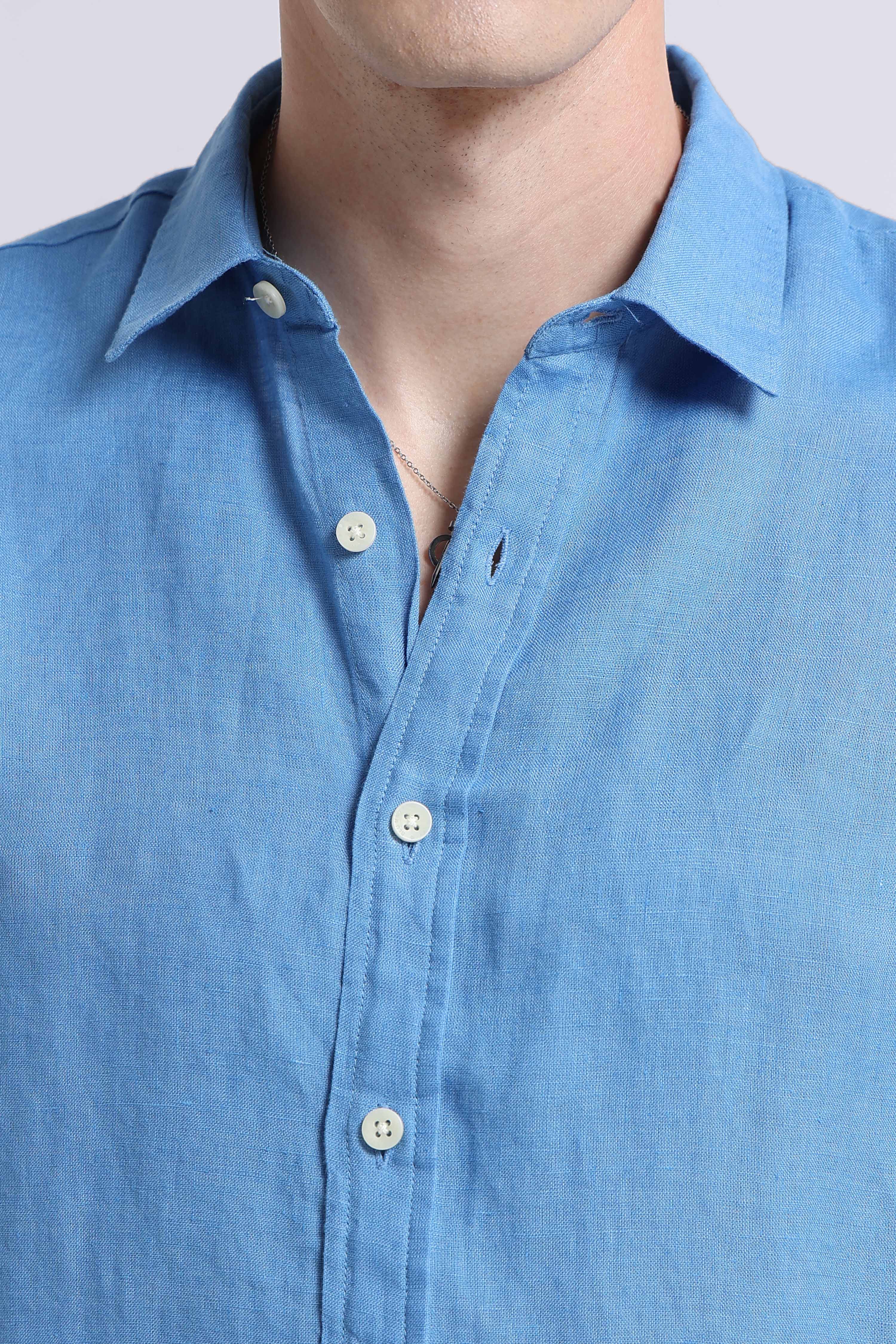 Men Blue Classic Linen Shirt