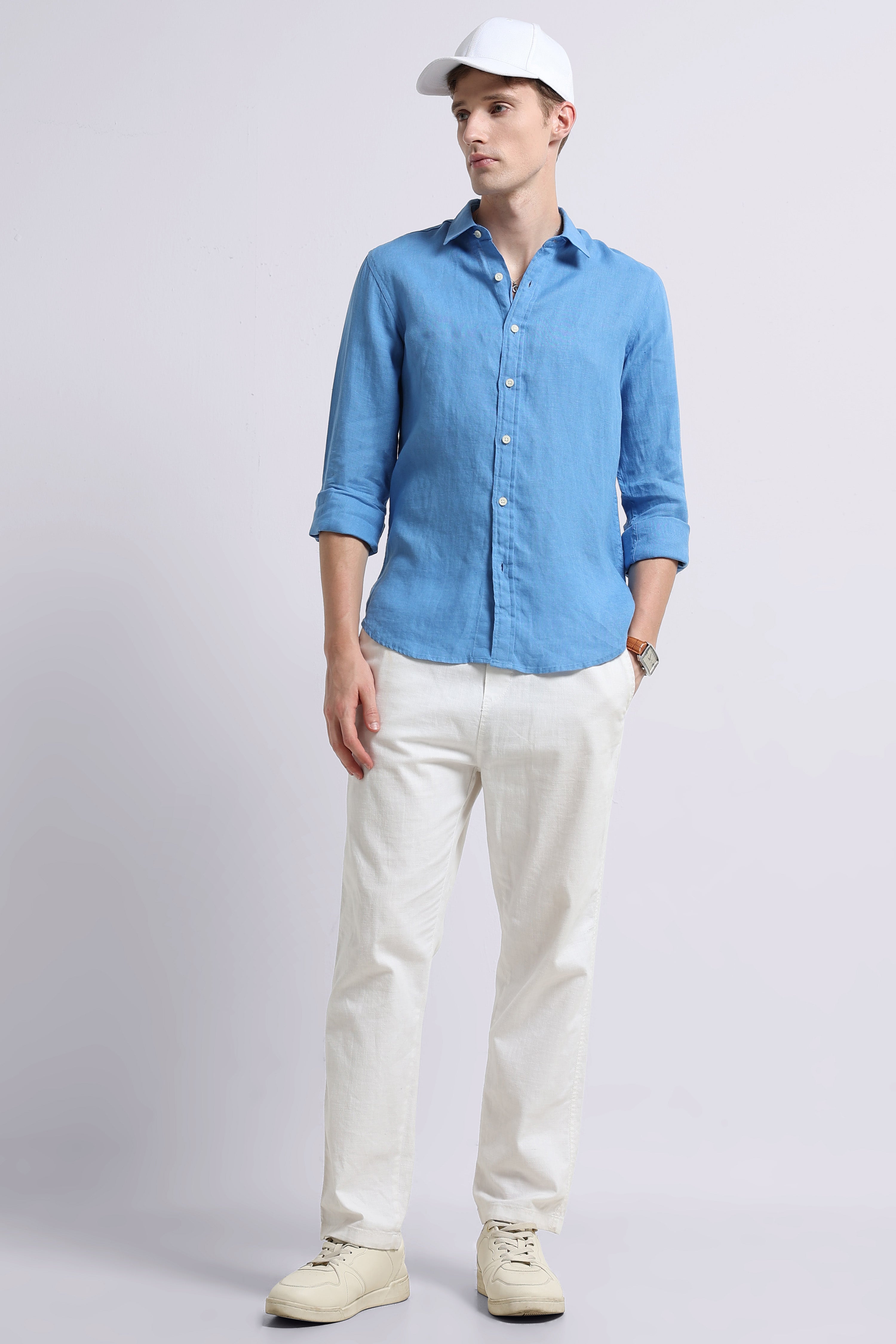 Men Blue Classic Linen Shirt