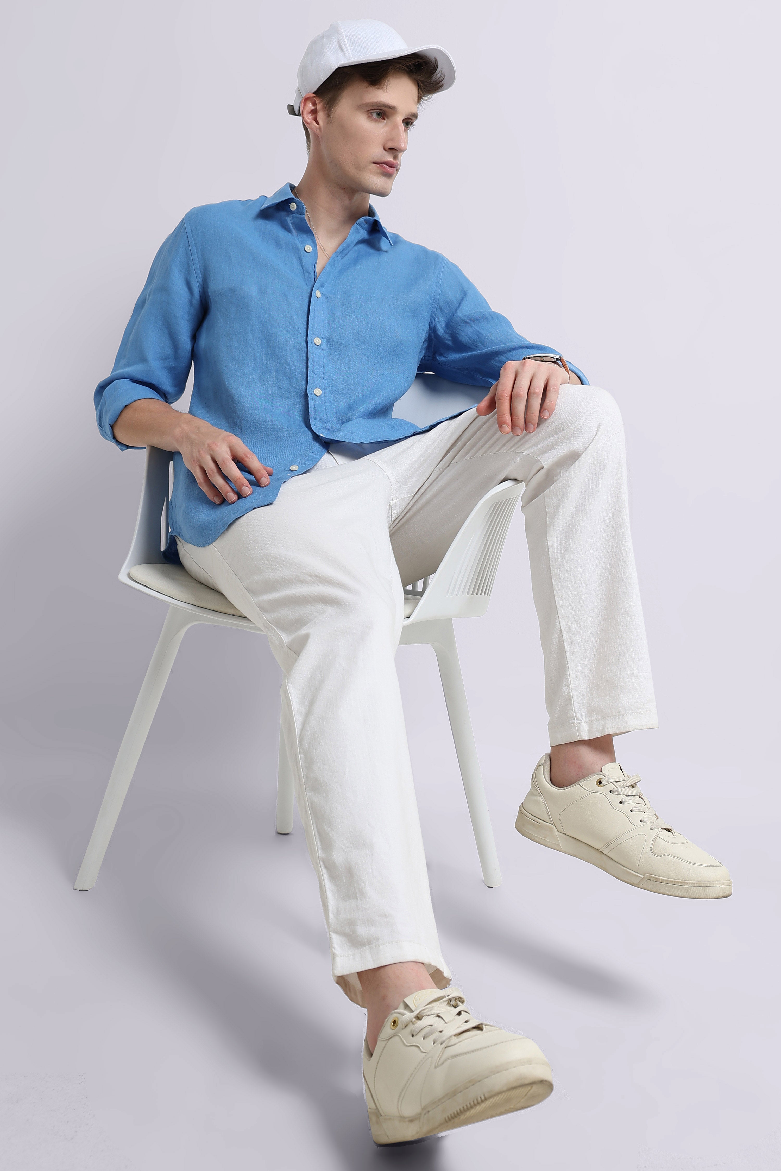 Men Blue Classic Linen Shirt
