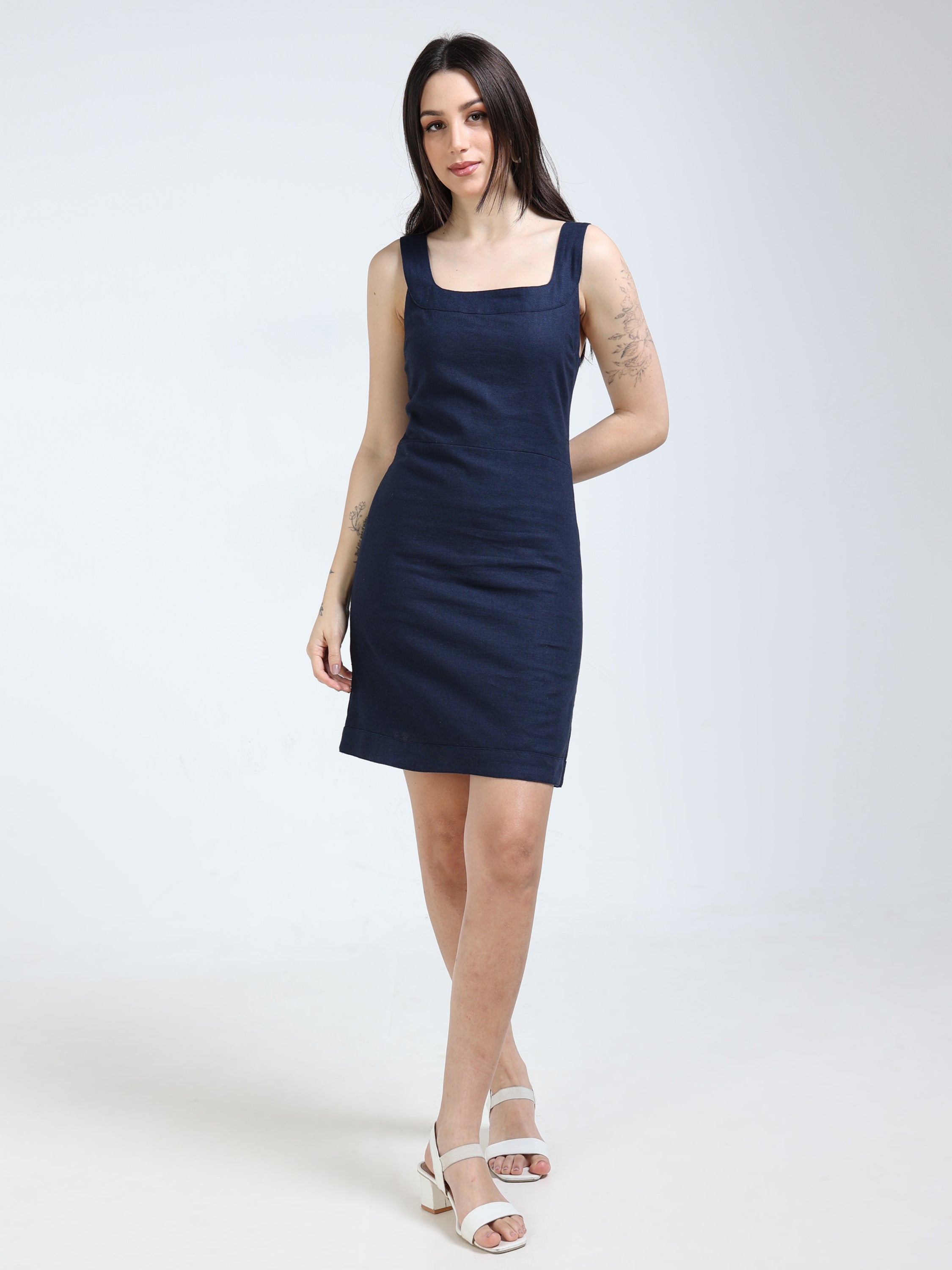 Women Navy Back Zipper With Hook Closure Dress