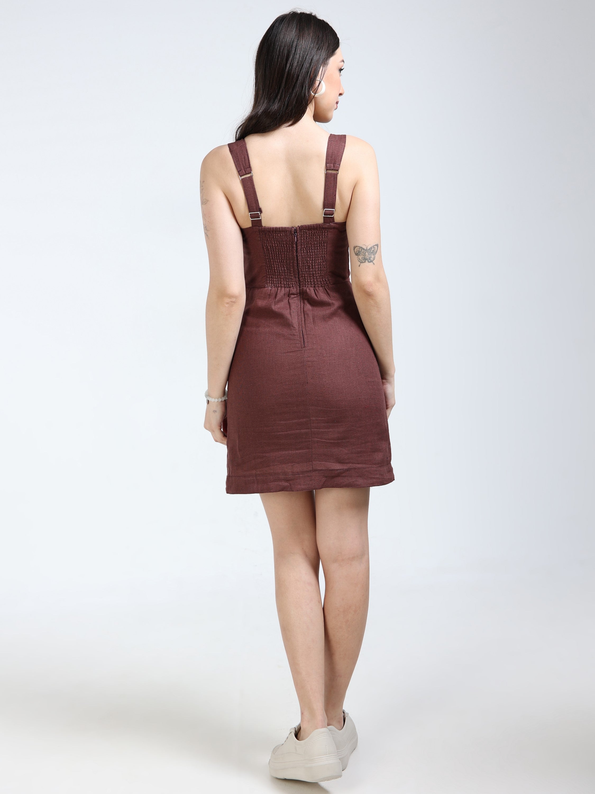 Women Brown Solid Back Zipper With Hook Closure Dress