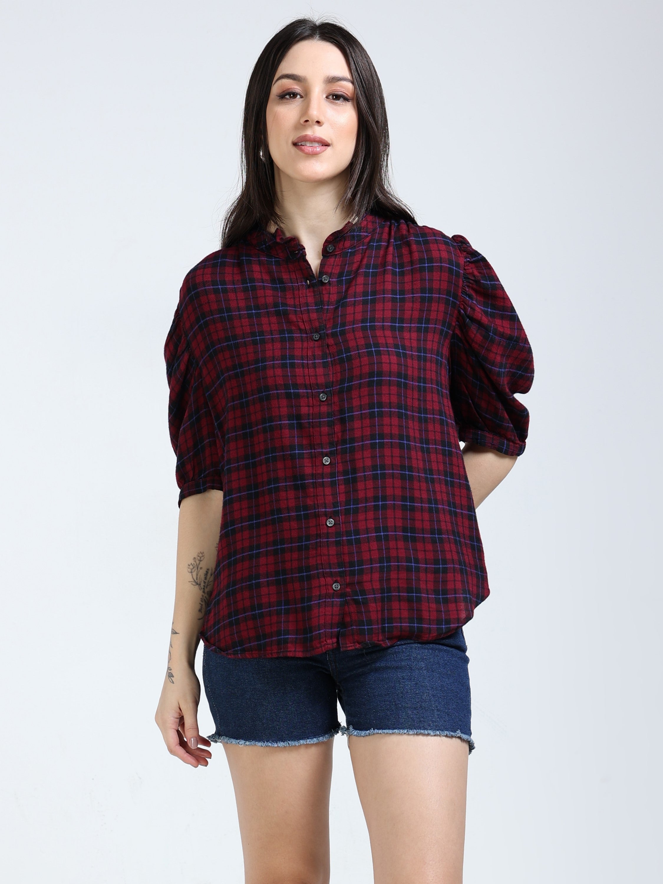 Women Maroon & Black Brushed Cotton Shirt