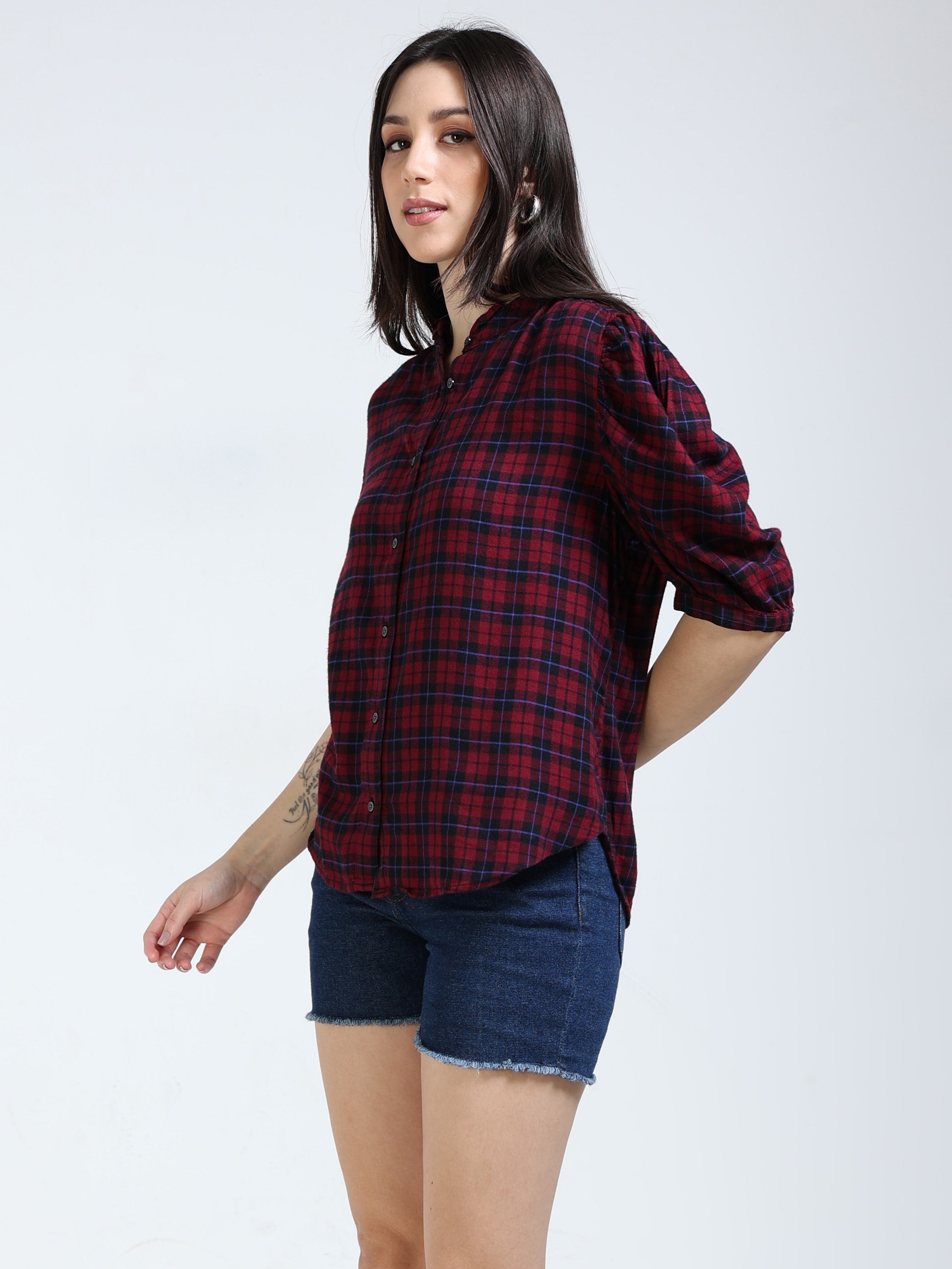 Women Maroon & Black Brushed Cotton Shirt