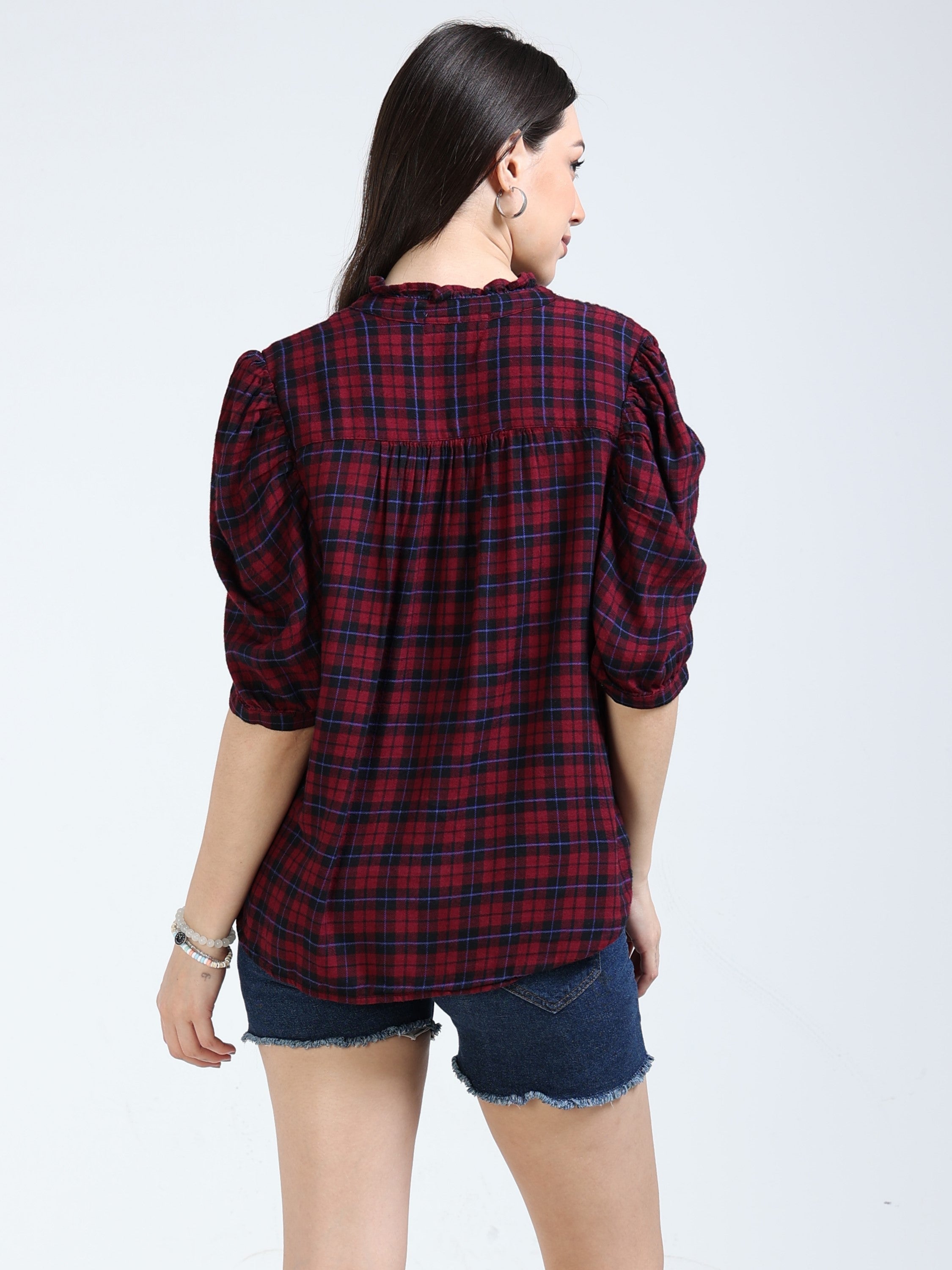 Women Maroon & Black Brushed Cotton Shirt