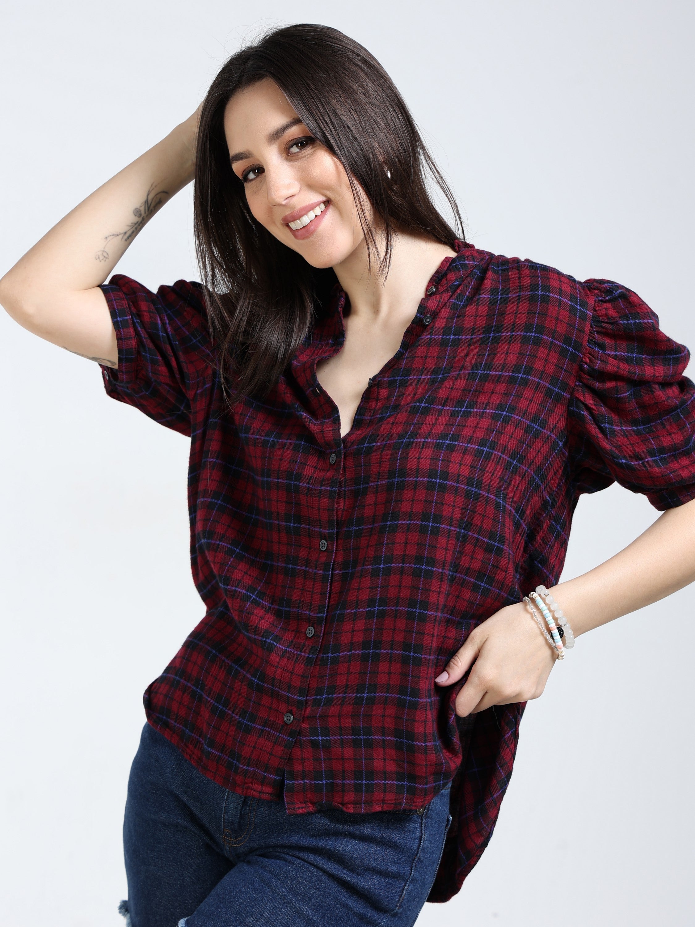 Women Maroon & Black Brushed Cotton Shirt