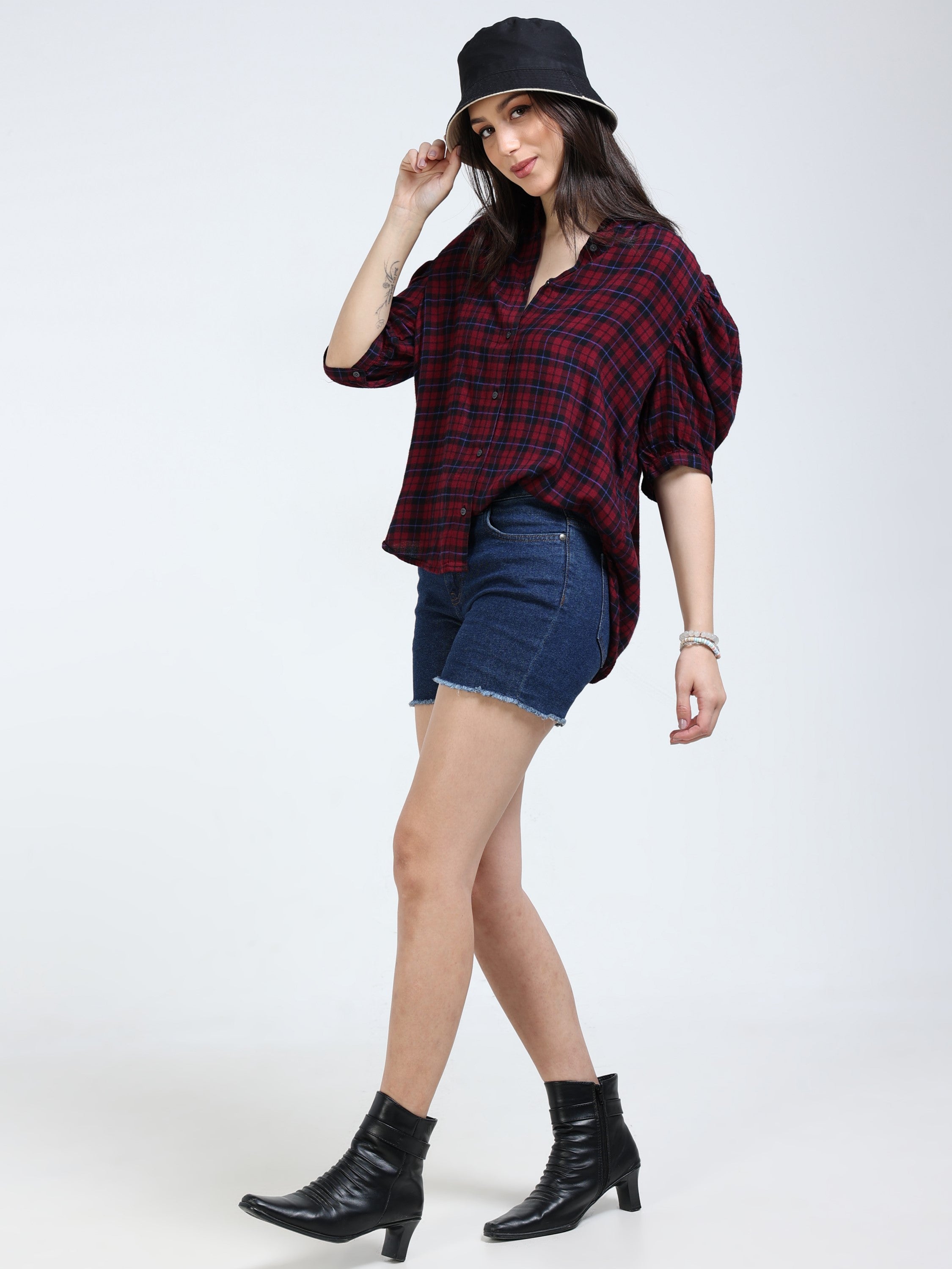Women Maroon & Black Brushed Cotton Shirt