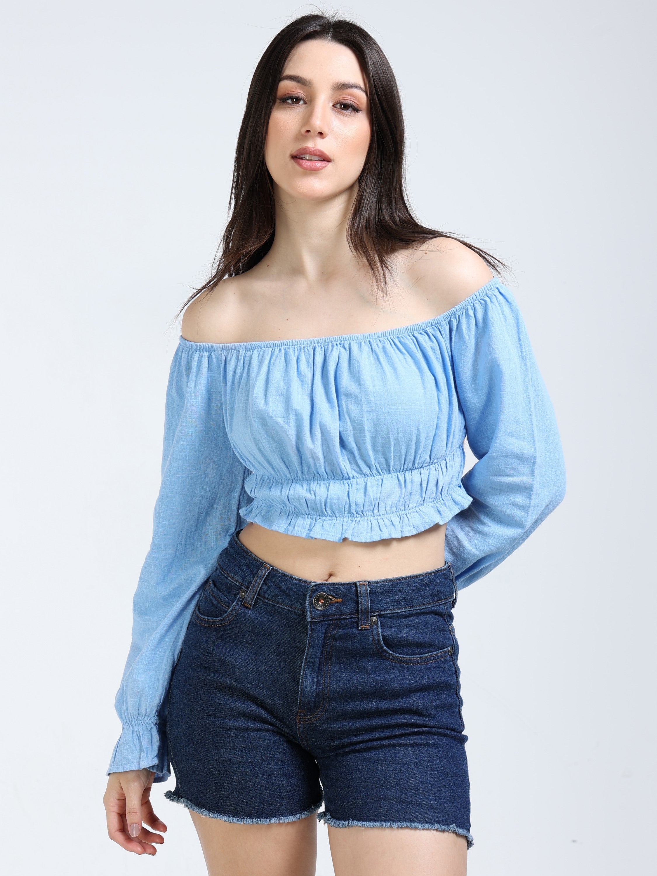Women Blue Off Shoulder Crop Top