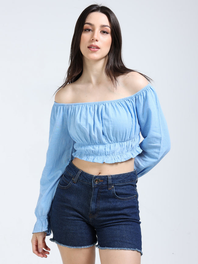 Women Blue Off Shoulder Crop Top
