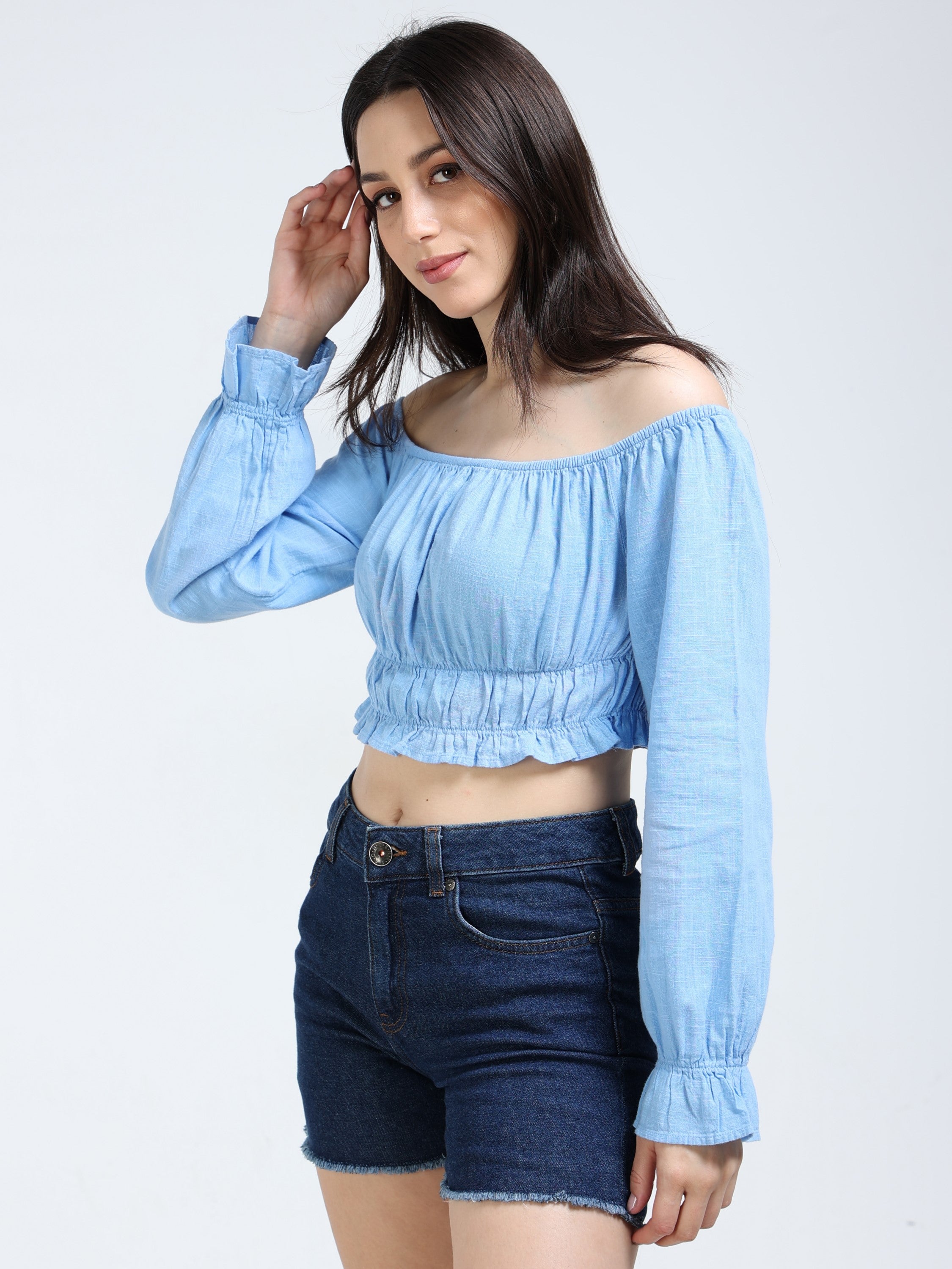 Women Blue Off Shoulder Crop Top