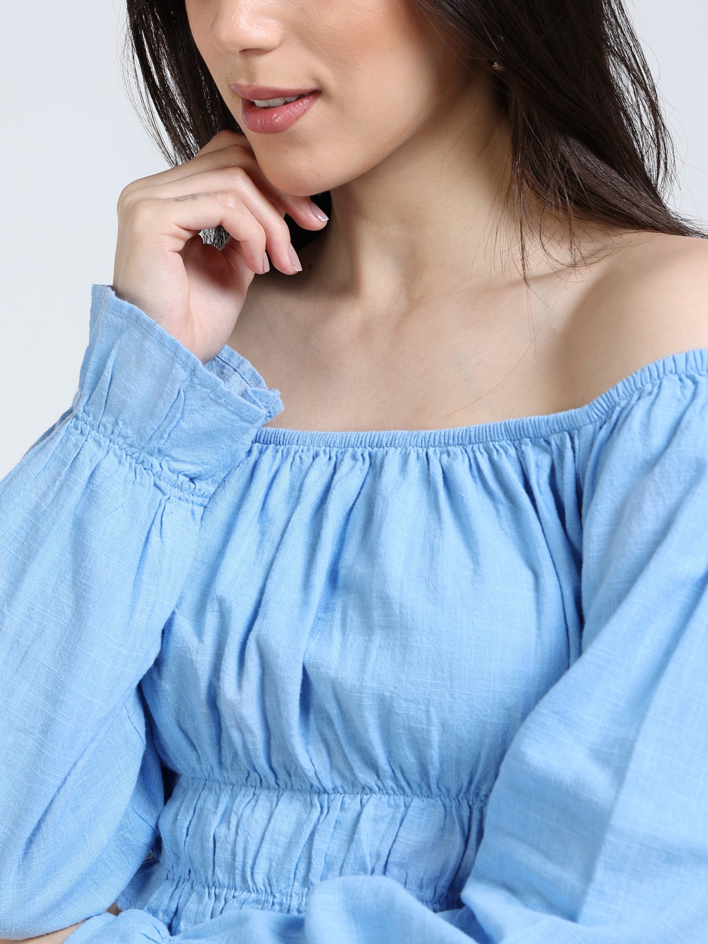 Women Blue Off Shoulder Crop Top