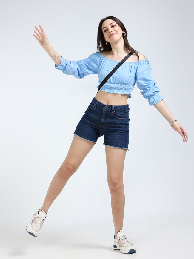 Women Blue Off Shoulder Crop Top
