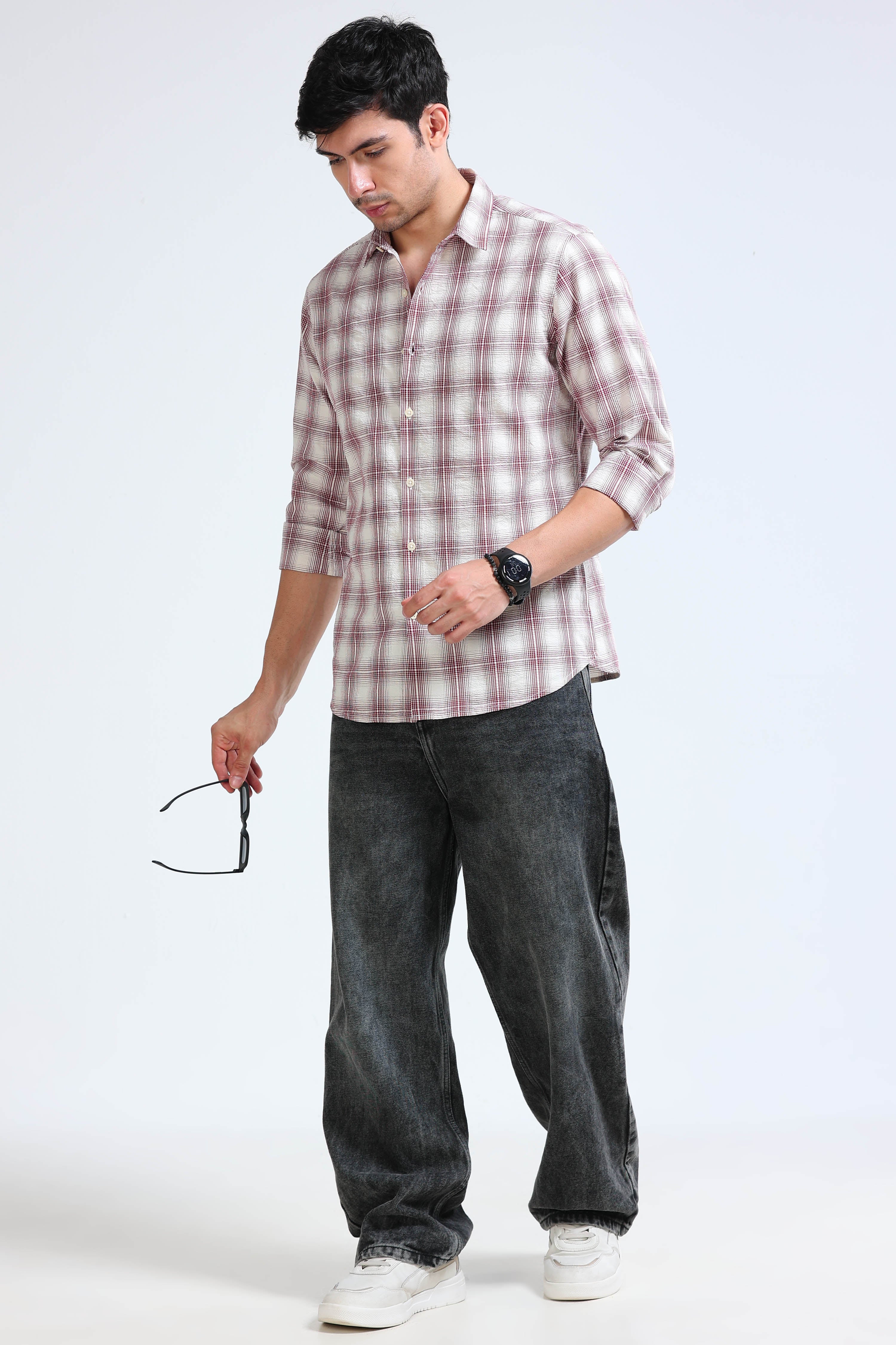 Men Maroon Checked Casual Shirt