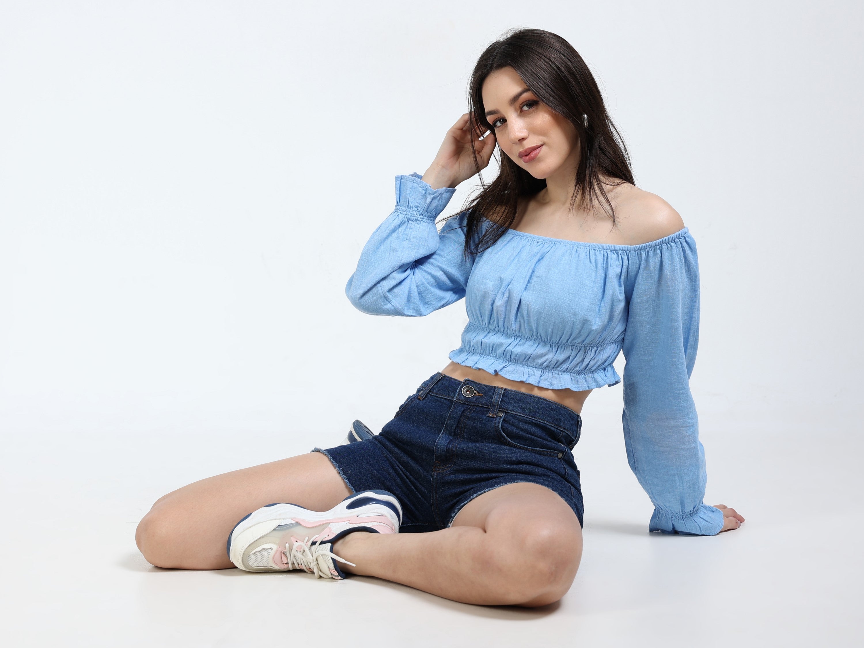 Women Blue Off Shoulder Crop Top