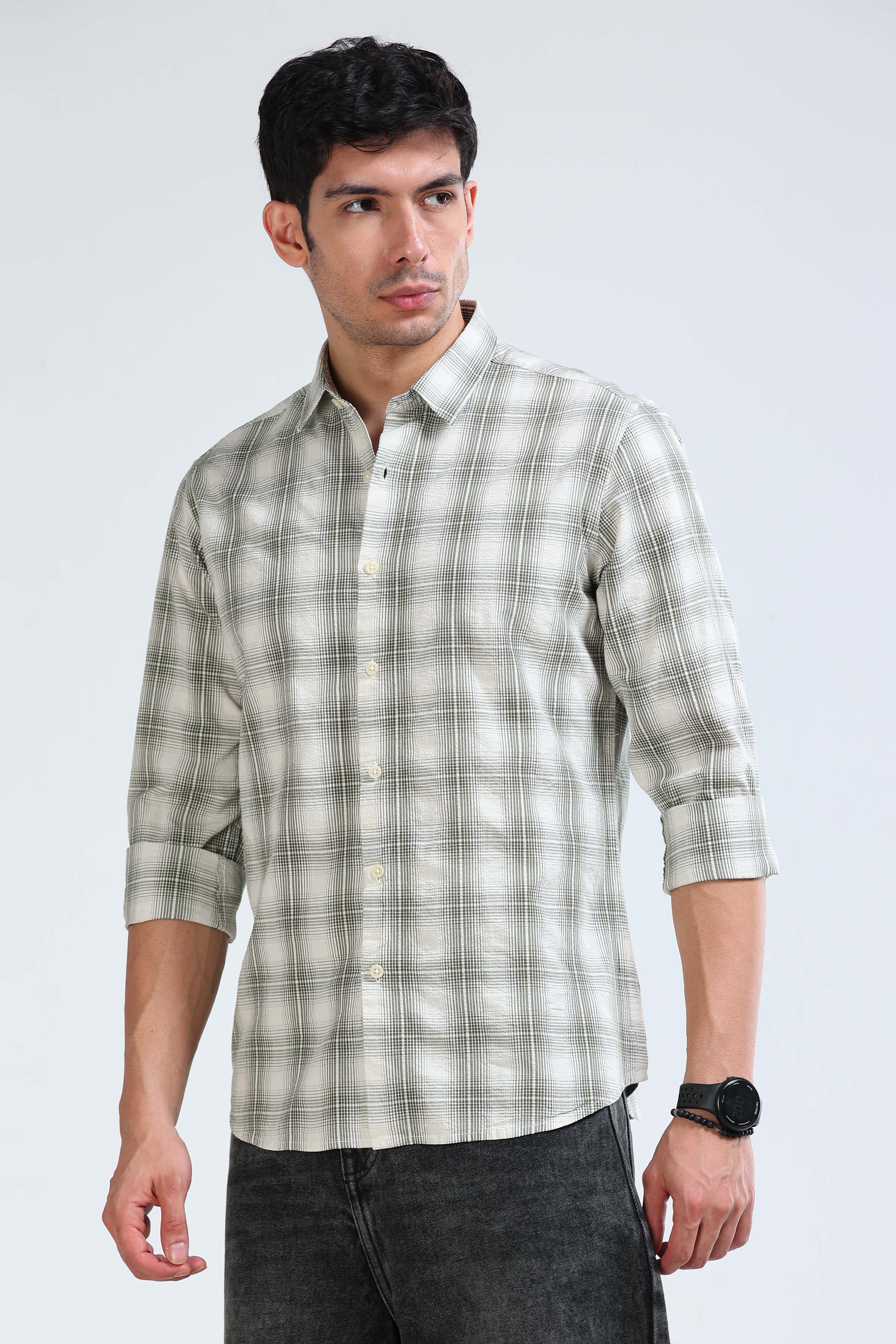 Men Green Checked Casual Shirt