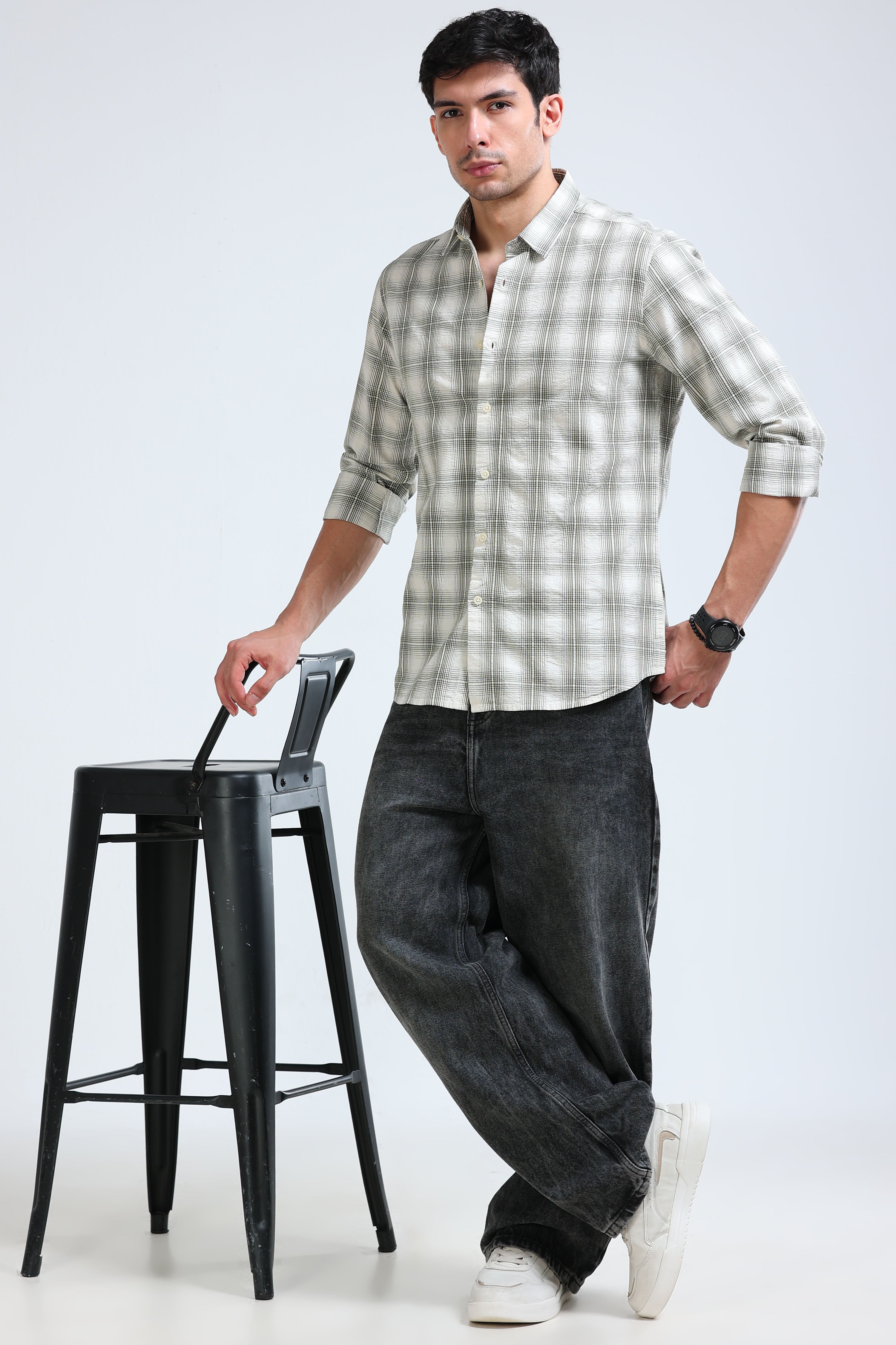 Men Green Checked Casual Shirt