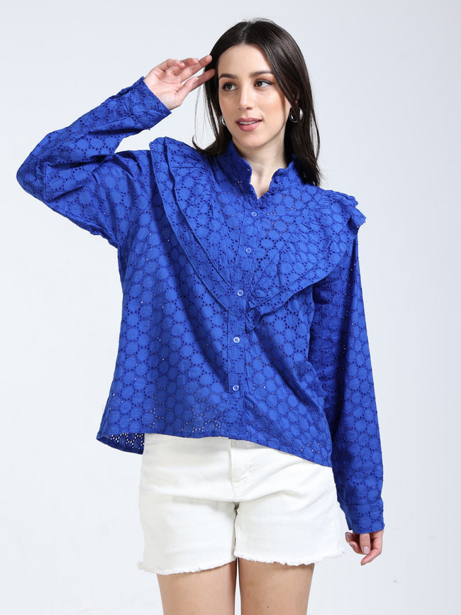 Women Blue Schiffli Shirt with frill inserts