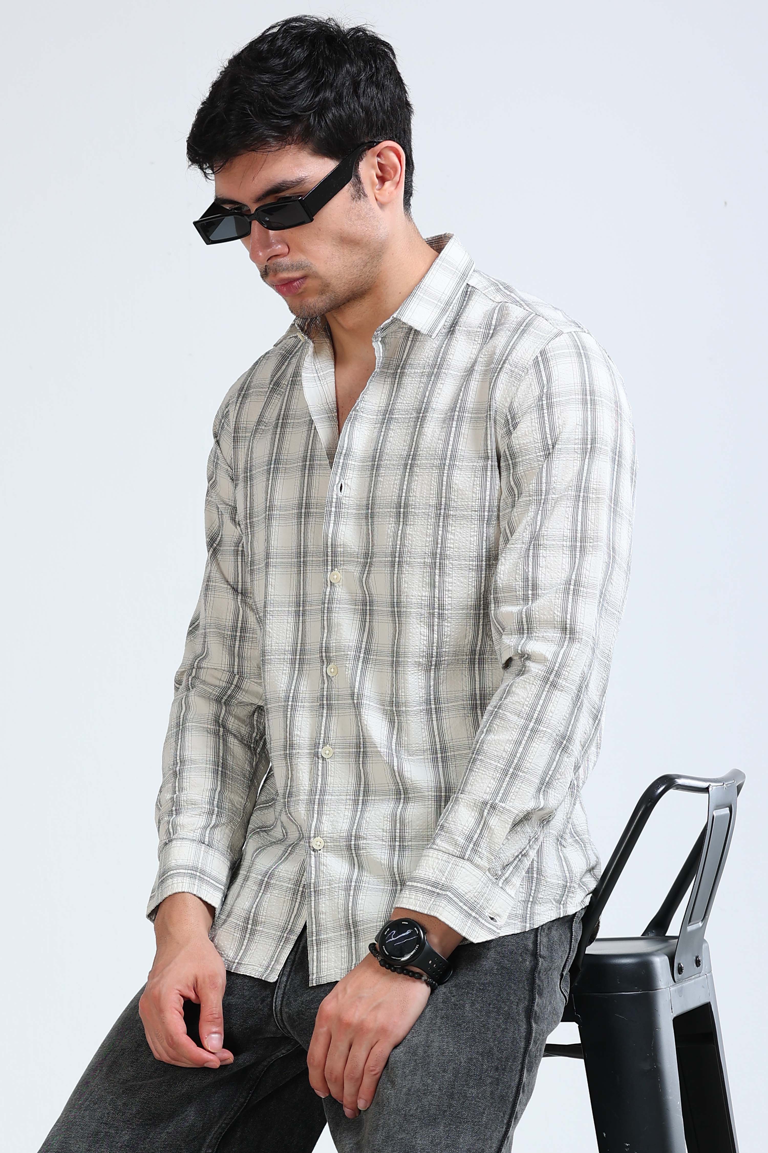 Men Cream Checked Casual Shirt