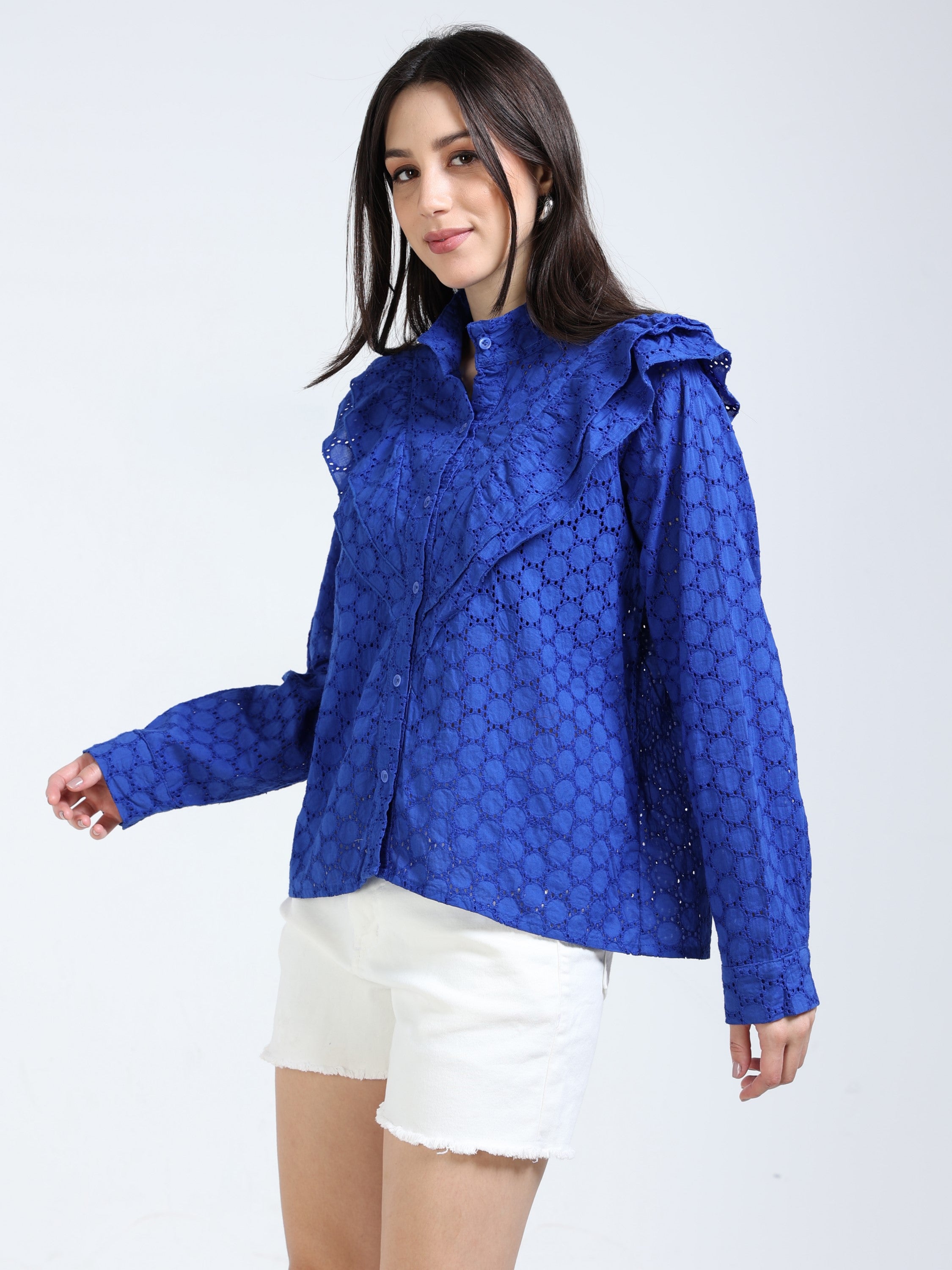 Women Blue Schiffli Shirt with frill inserts