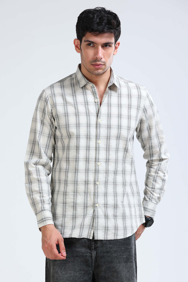 Men Cream Checked Casual Shirt