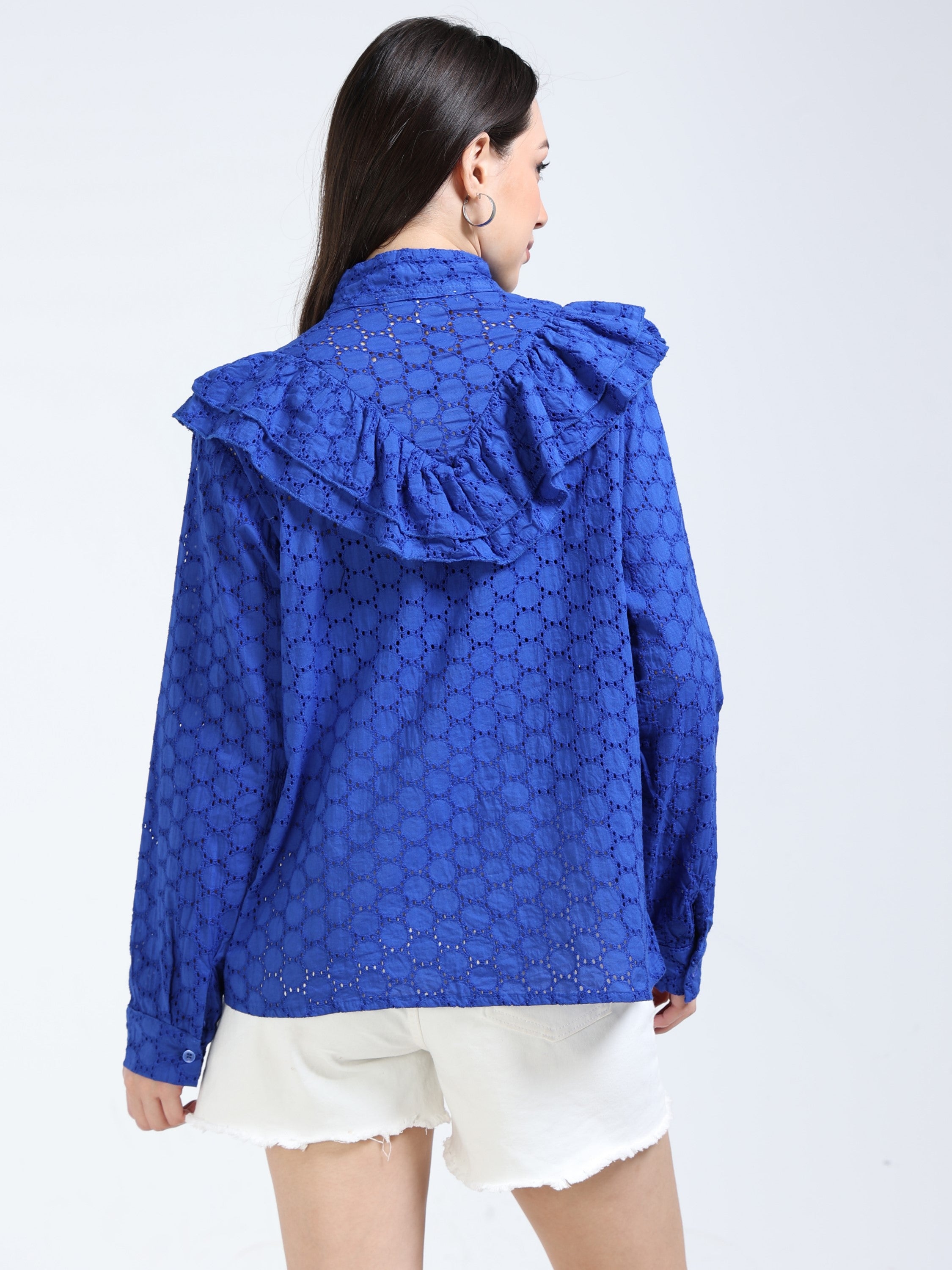 Women Blue Schiffli Shirt with frill inserts