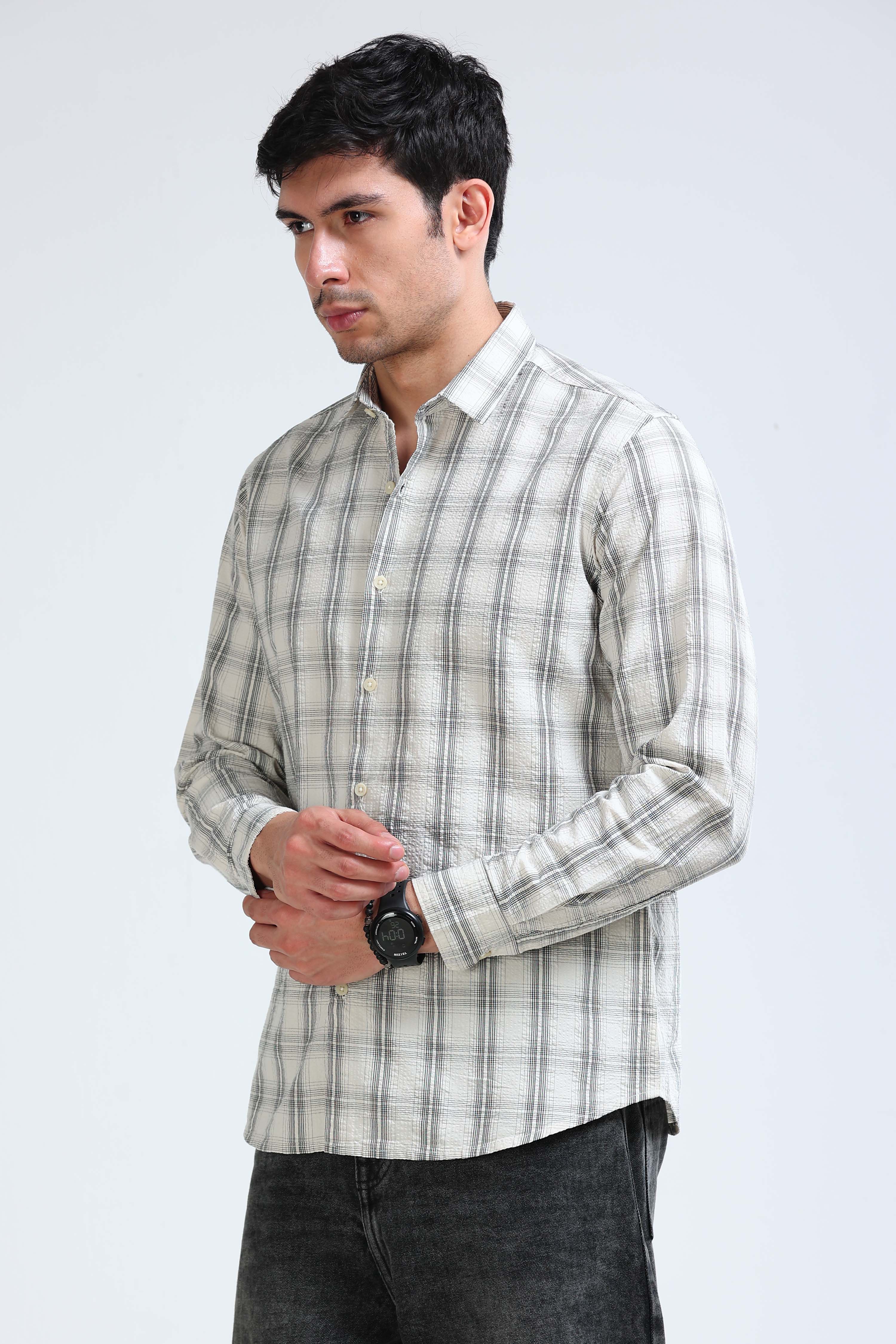 Men Cream Checked Casual Shirt