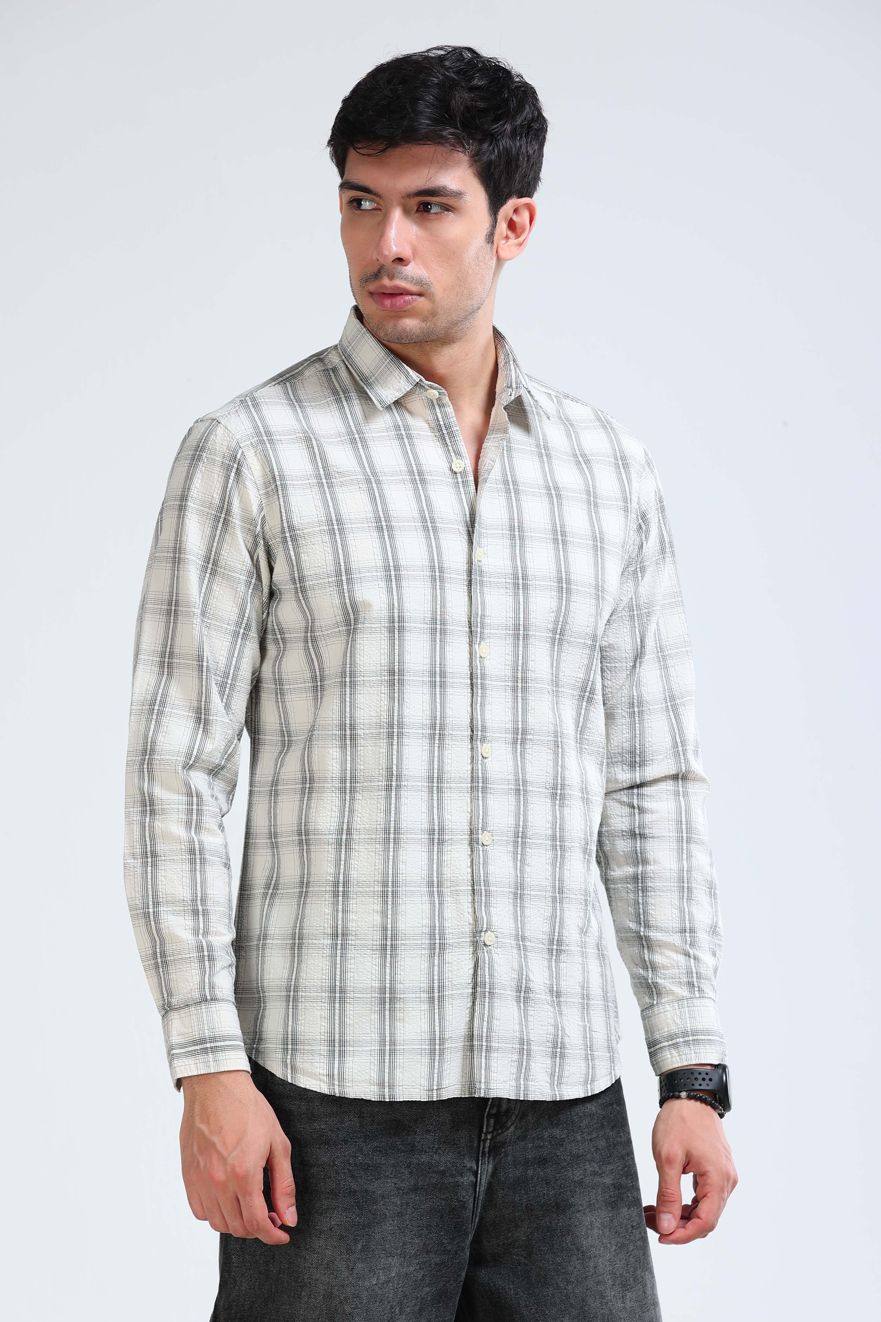 Men Cream Checked Casual Shirt