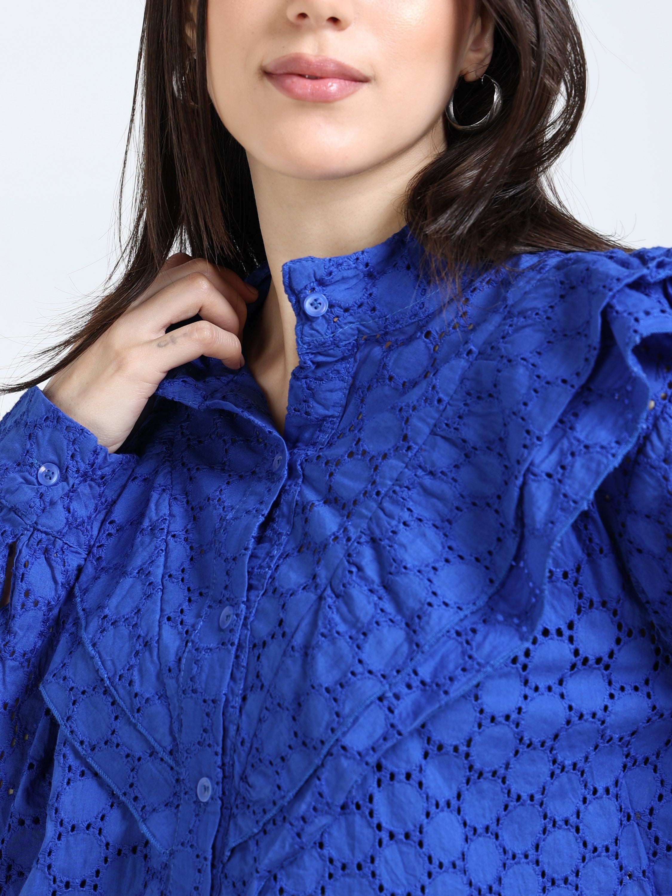 Women Blue Schiffli Shirt with frill inserts