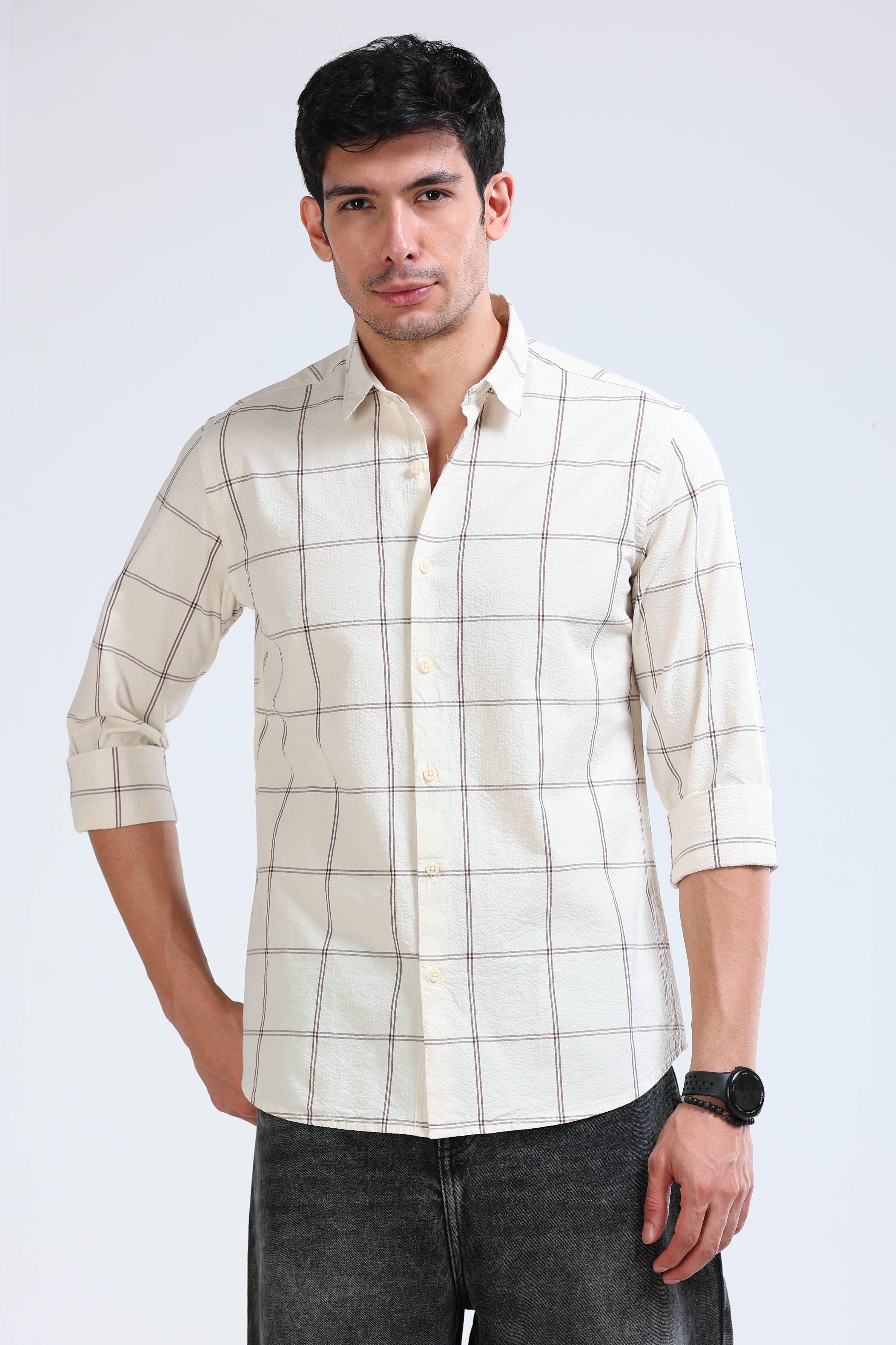 Men Cream Checked Casual Shirt
