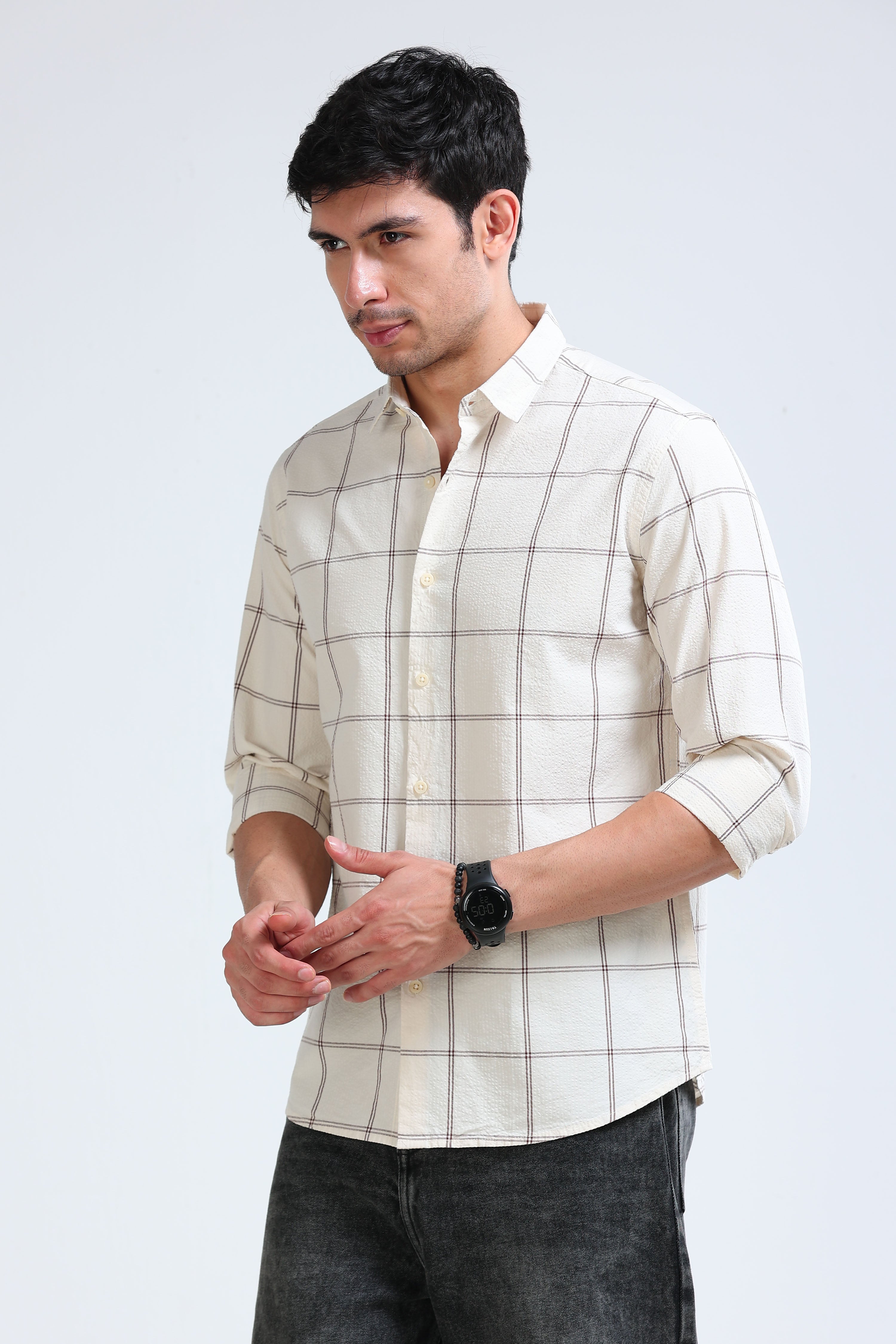 Men Cream Checked Casual Shirt