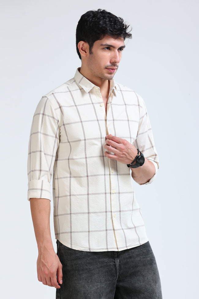 Men Cream Checked Casual Shirt