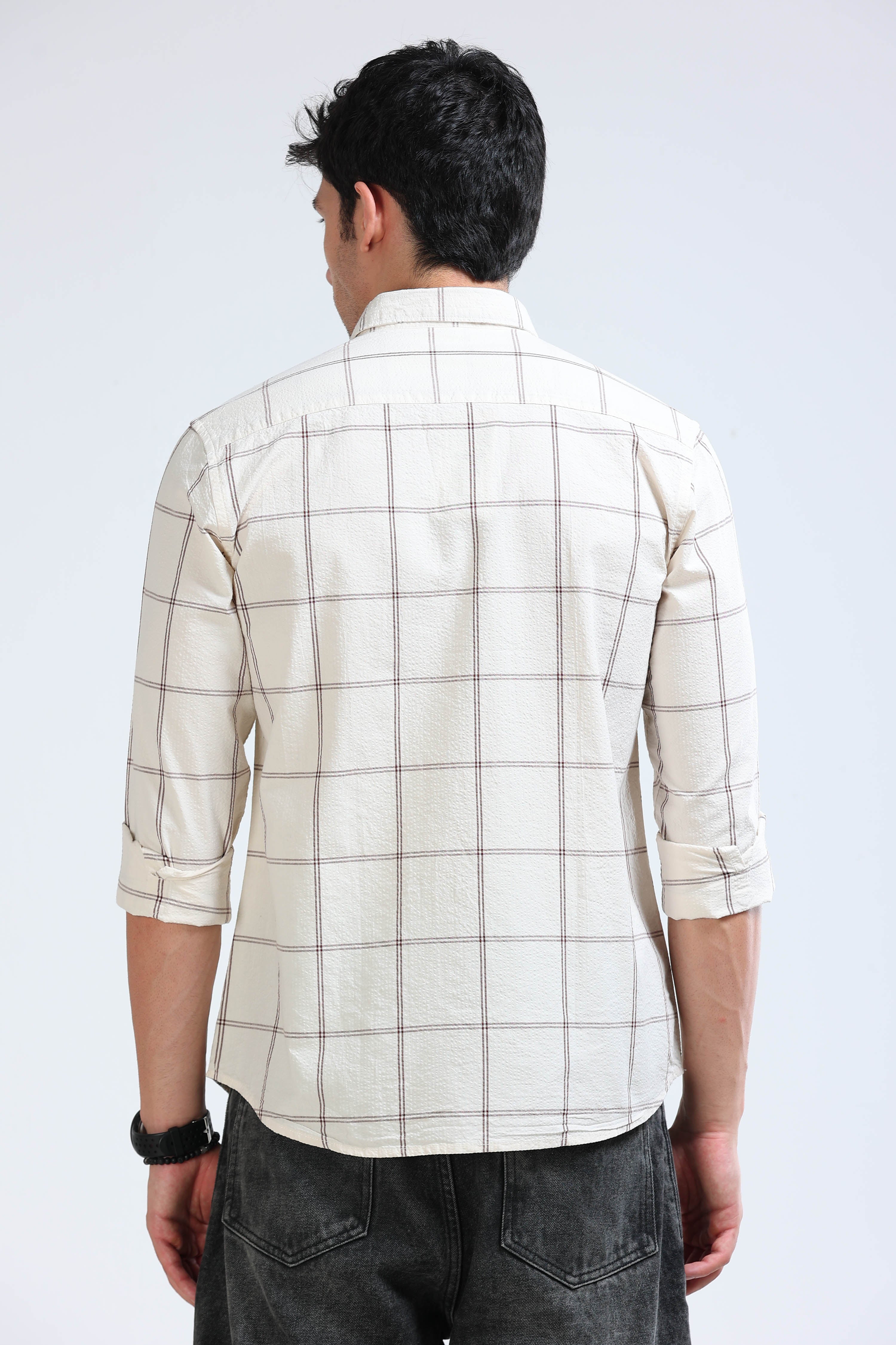 Men Cream Checked Casual Shirt