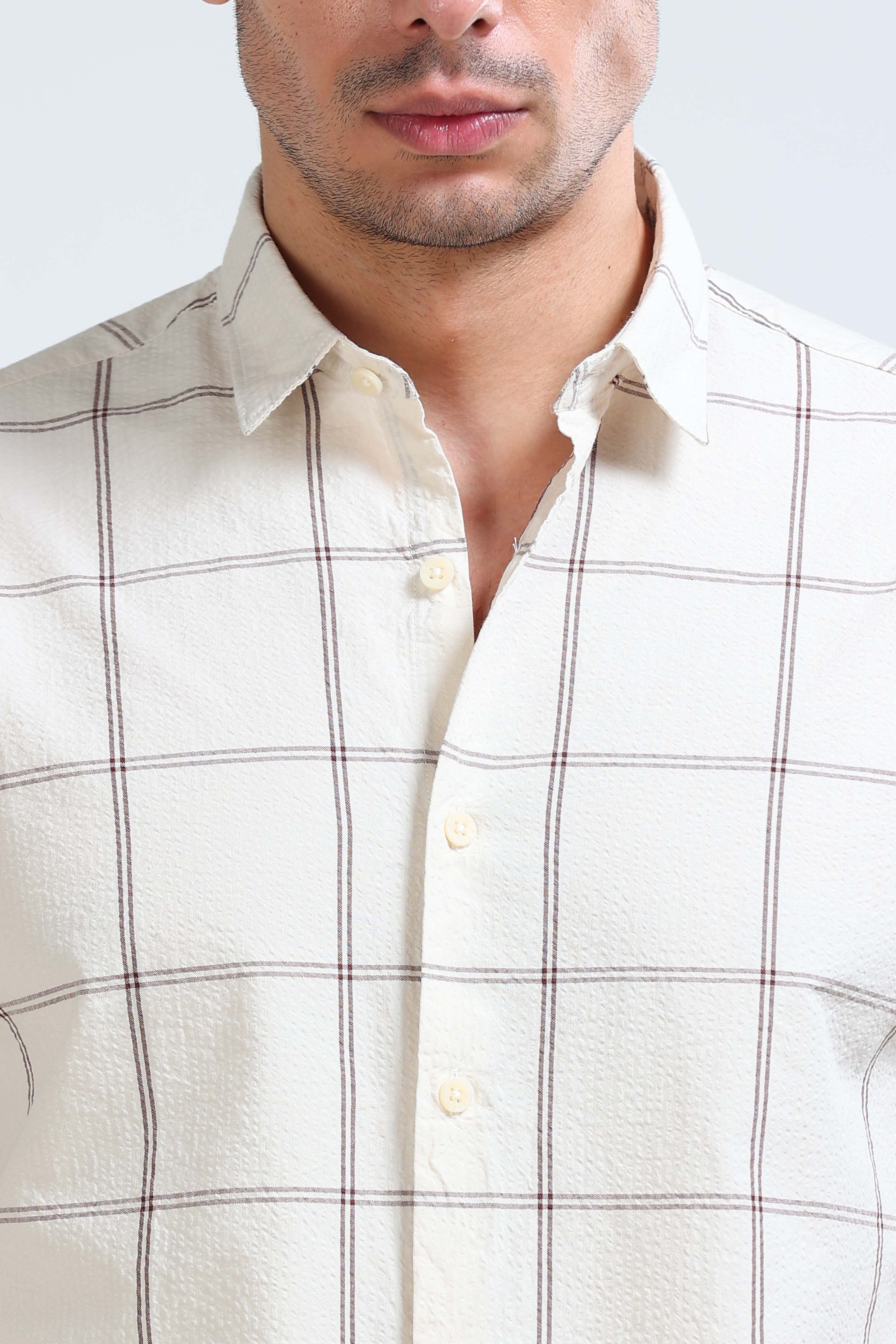 Men Cream Checked Casual Shirt