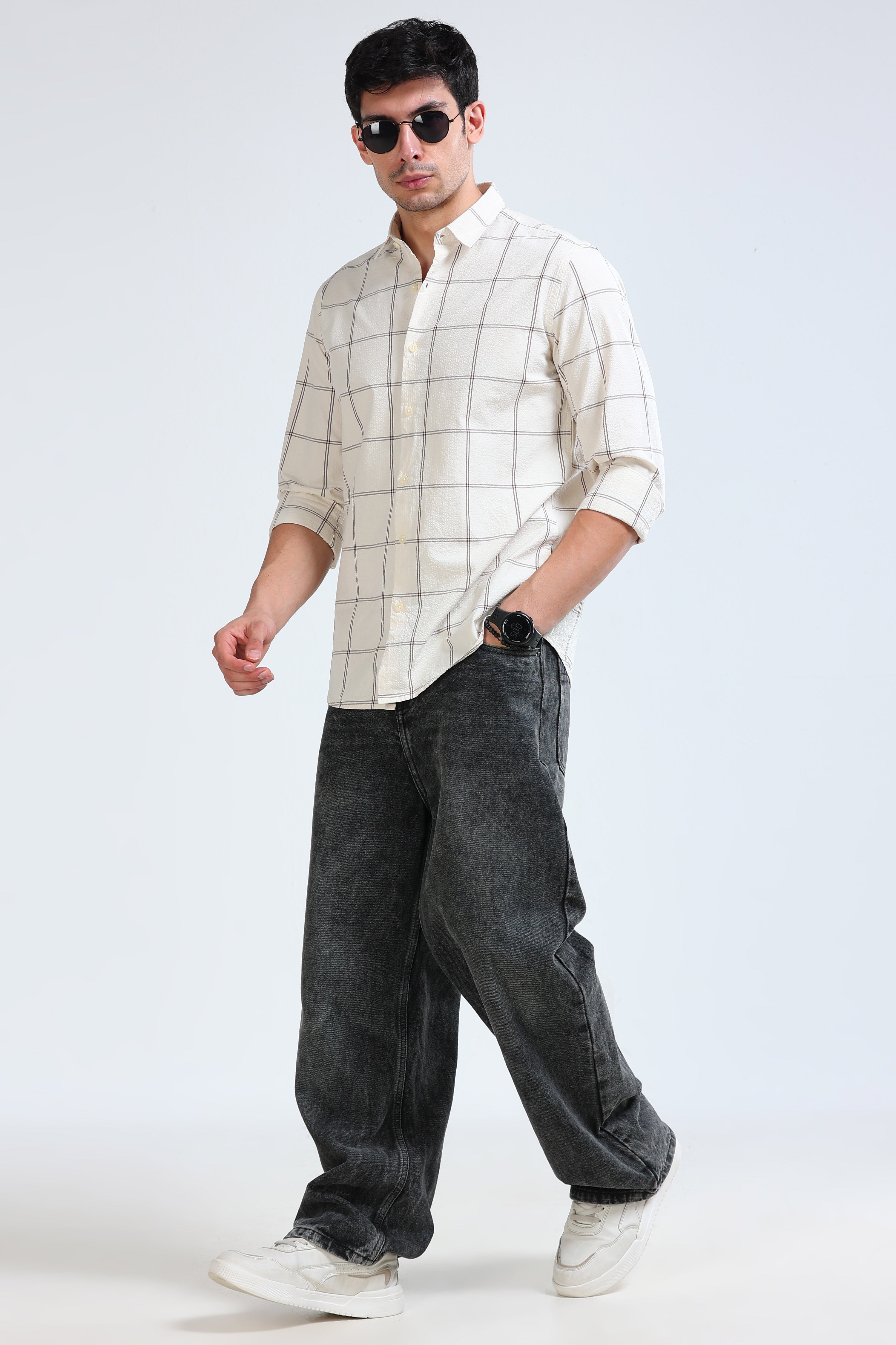 Men Cream Checked Casual Shirt