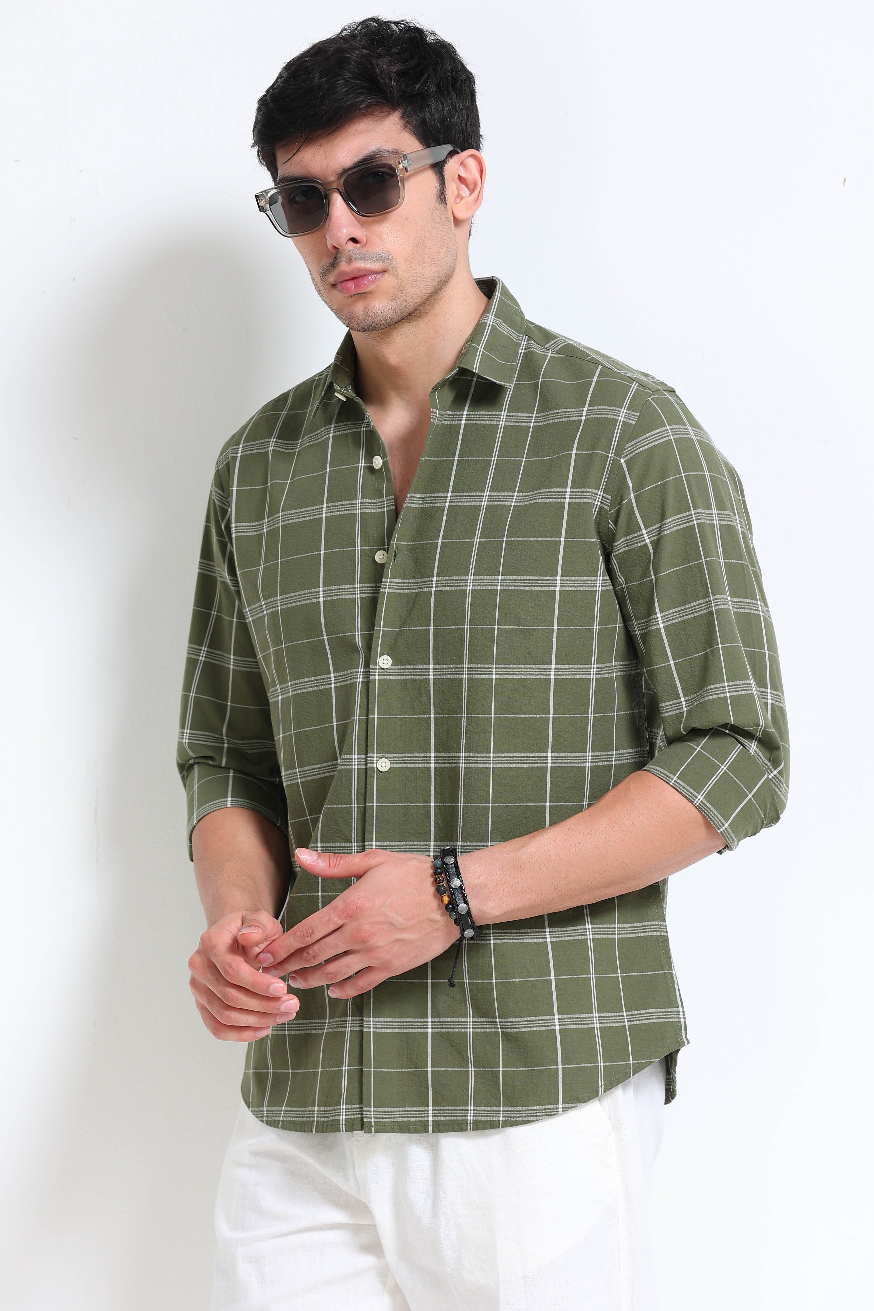 Men Green Checked Casual Shirt