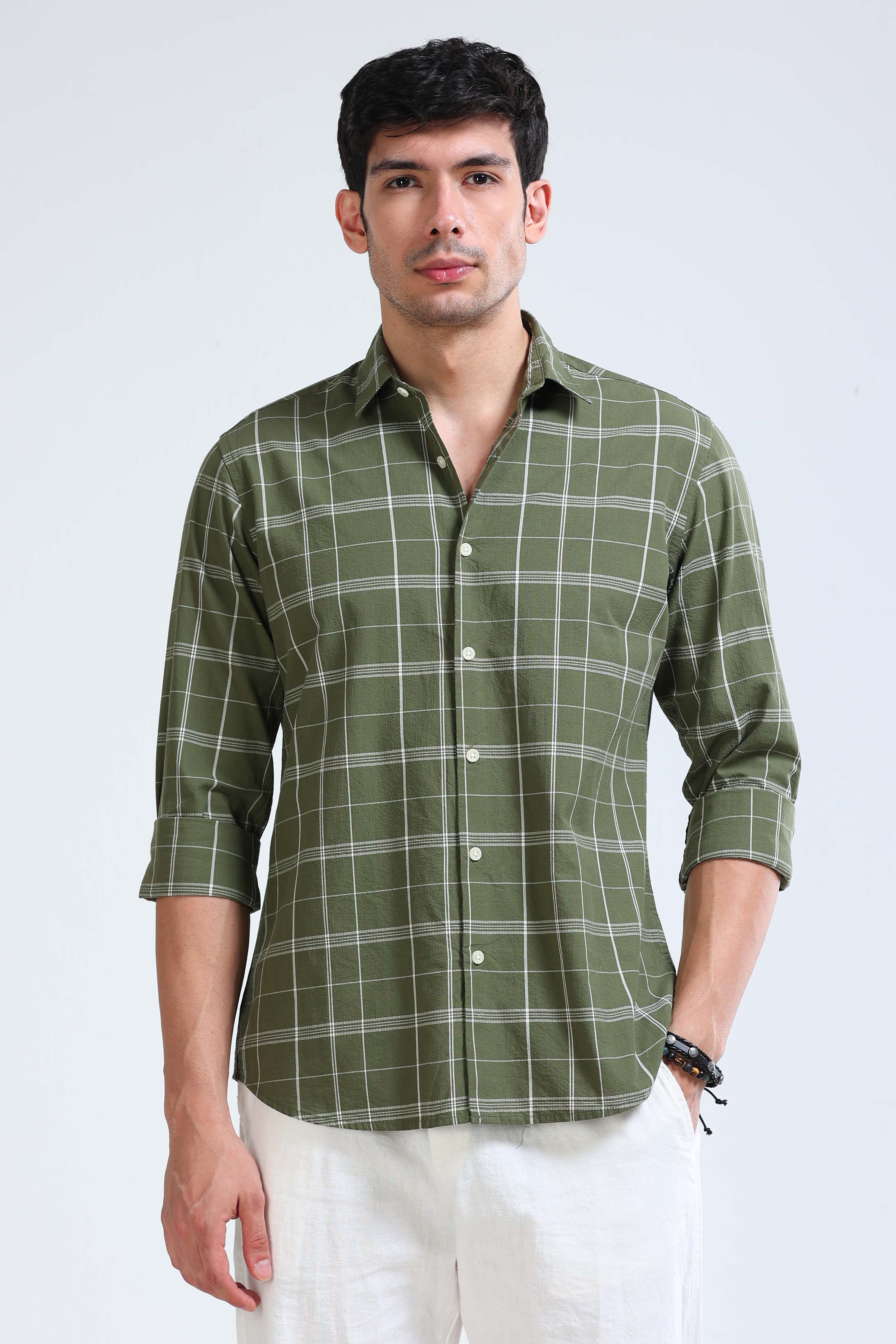 Men Green Checked Casual Shirt