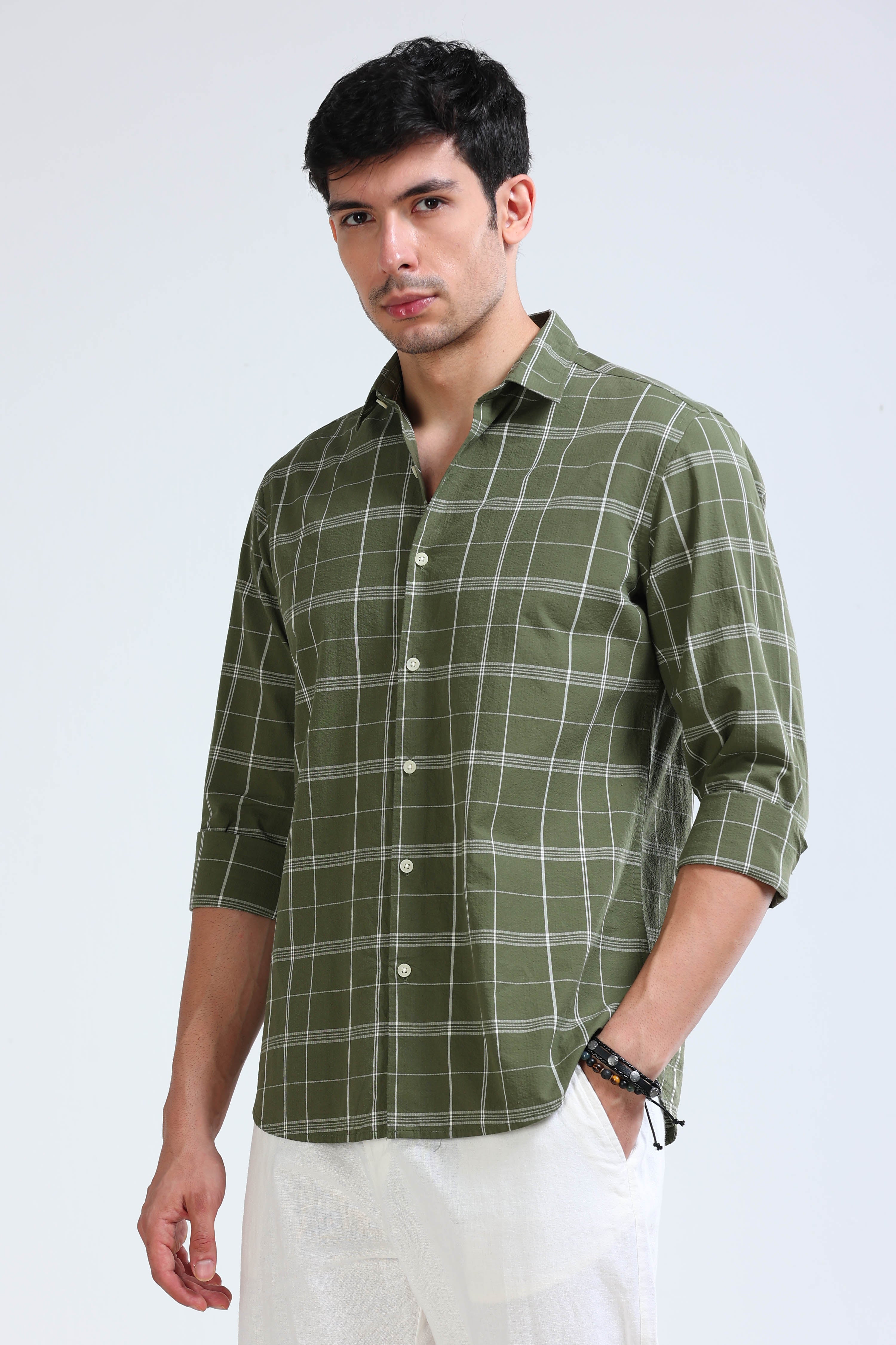 Men Green Checked Casual Shirt