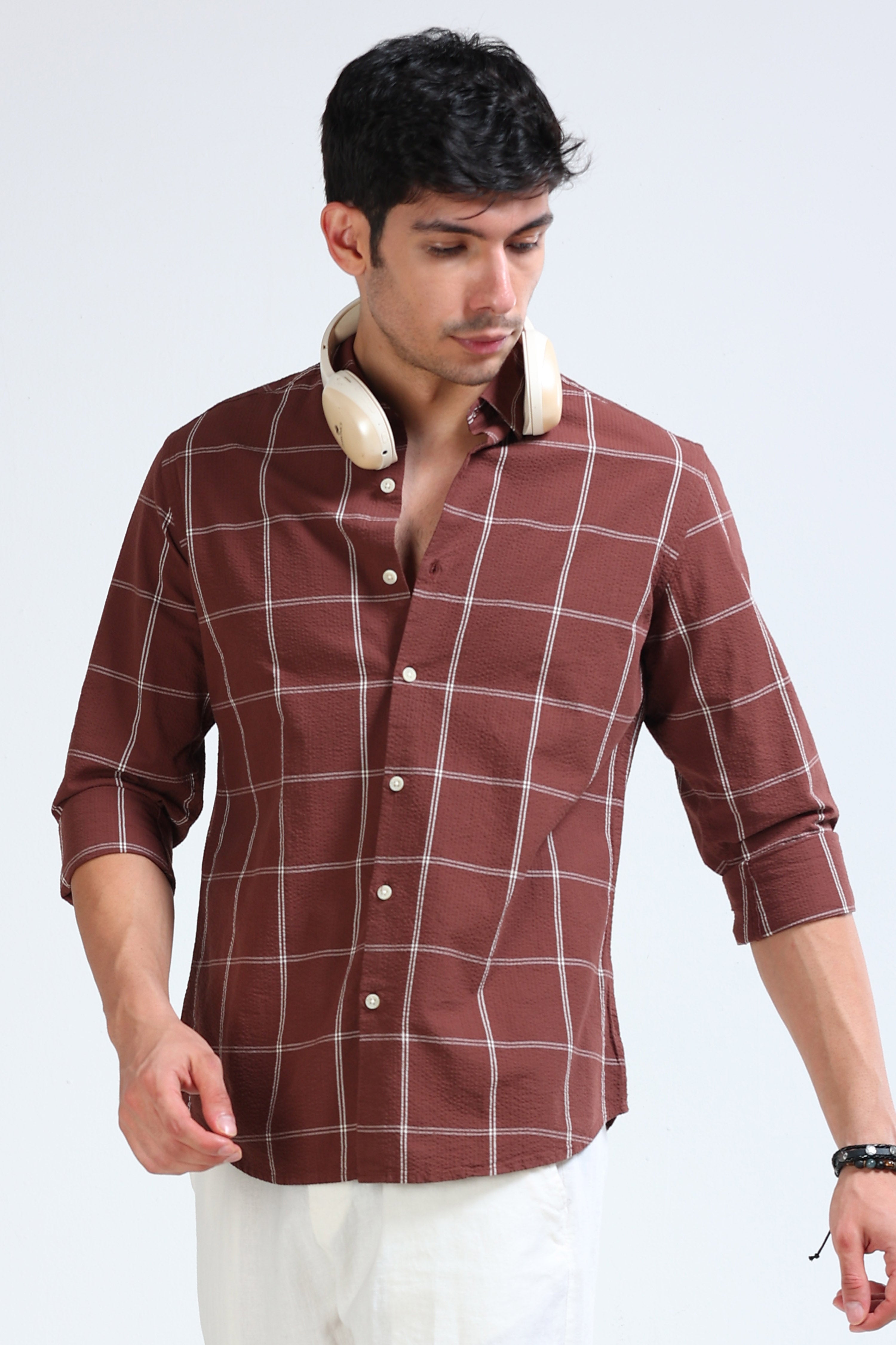Men Brown Checked Casual Shirt
