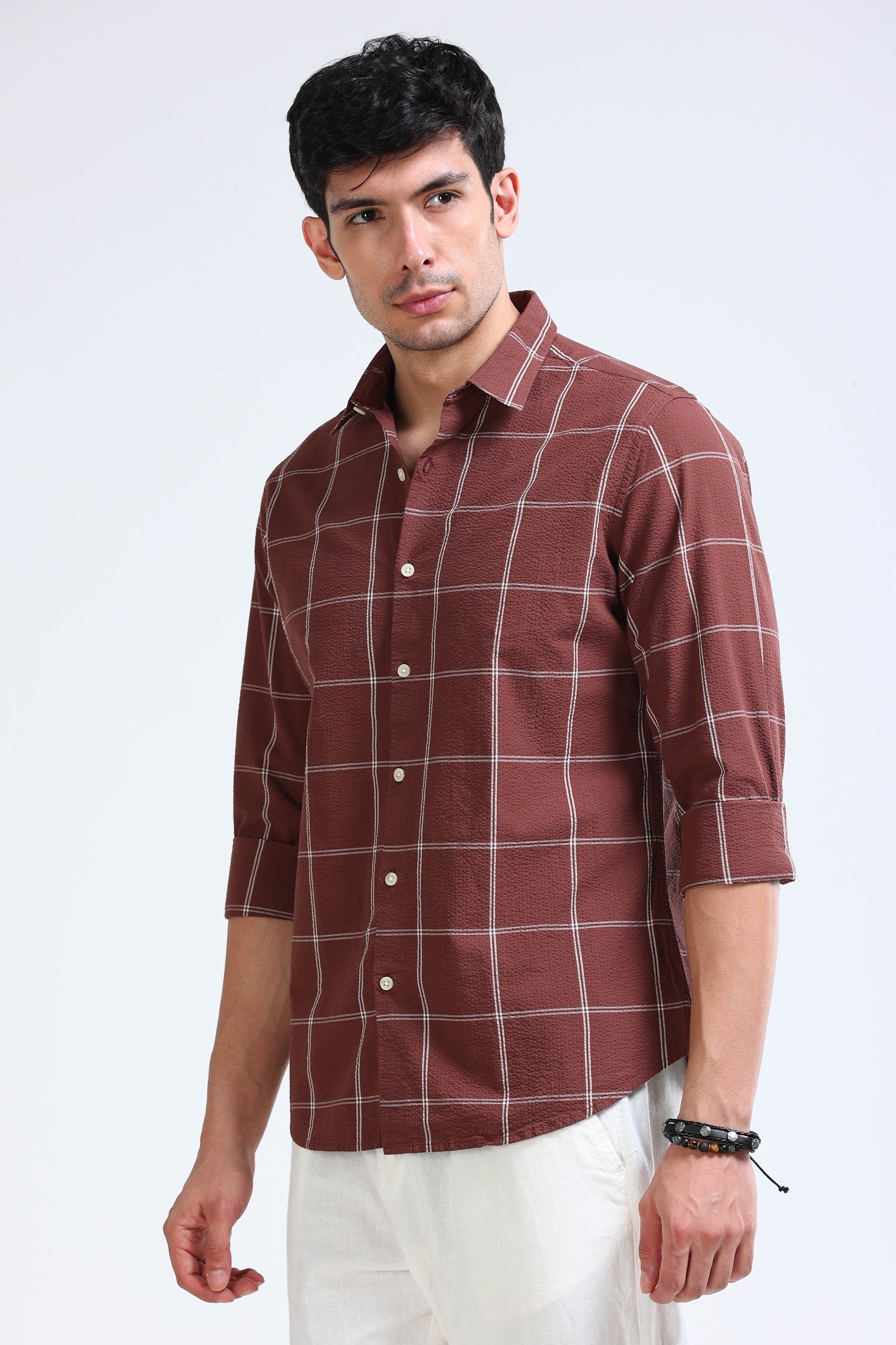 Men Brown Checked Casual Shirt