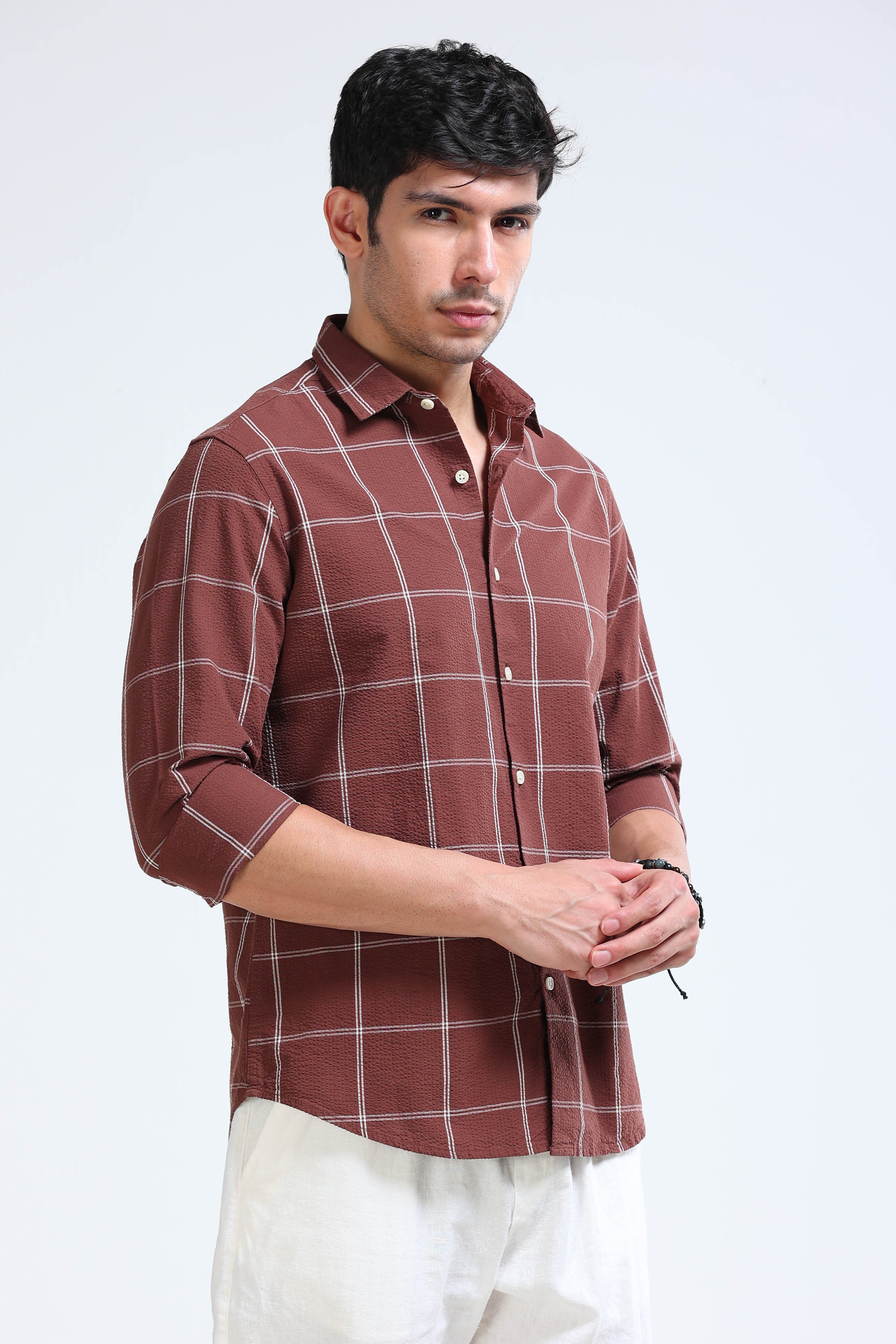 Men Brown Checked Casual Shirt